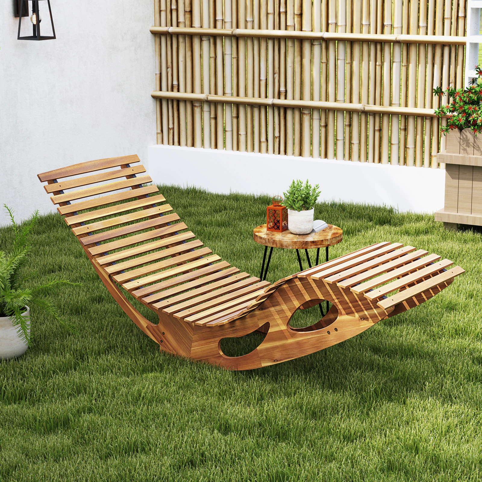 SUGIFT Rocking Curved Slatted Acacia Wood Sun Lounger Chaise Lounge 63-in x 23.5-in x 26-in 350-lb Capacity Natural
