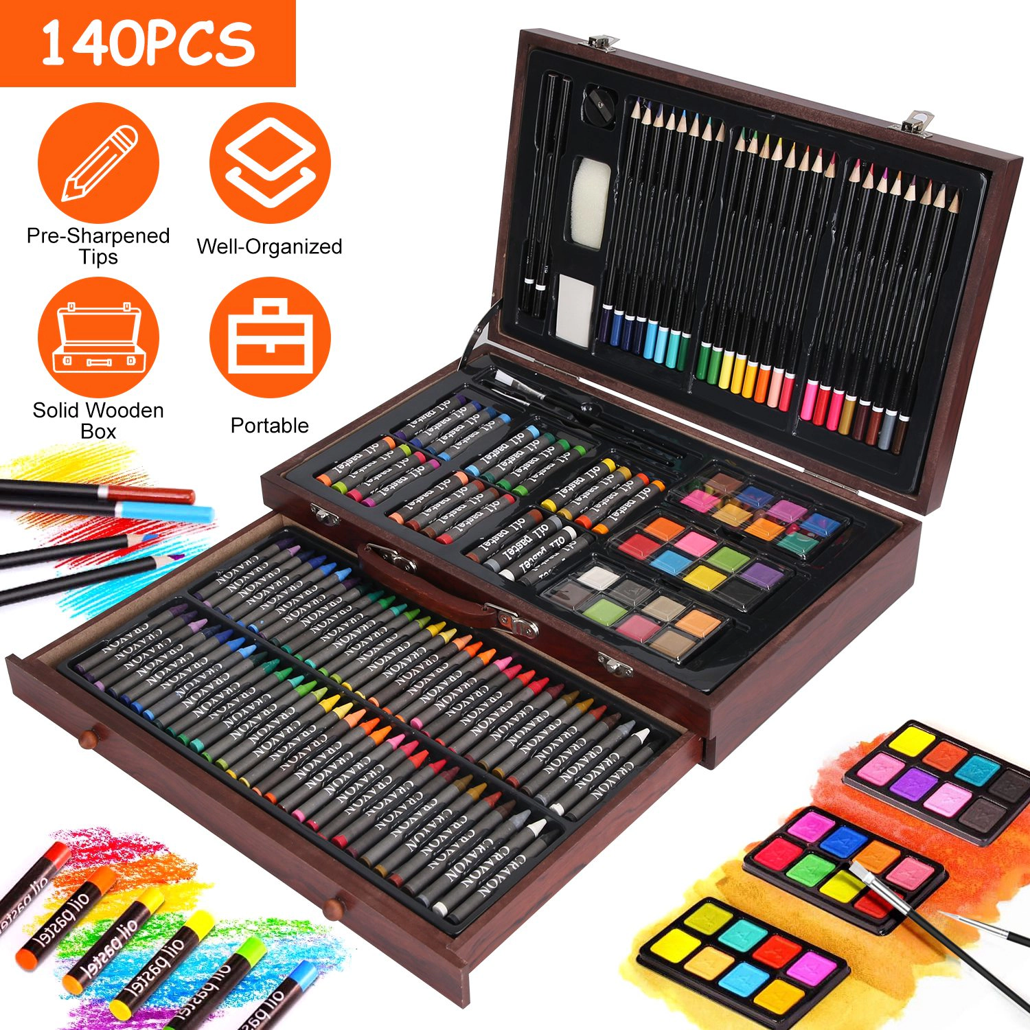 GBruno 140-Piece Wooden Box Art Supply Set