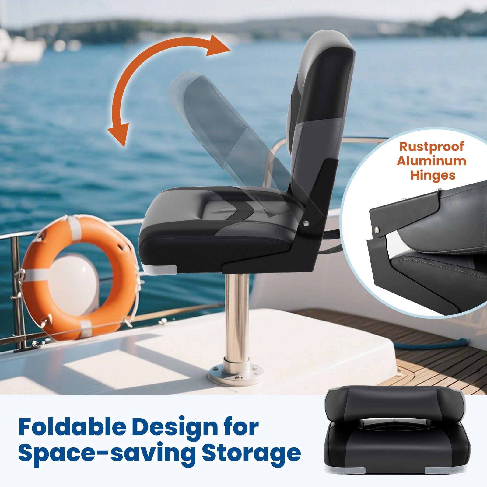 SUGIFT Set of 2 330-lb Capacity Contoured PVC Leather Folding Boat Seats with 10 Fixing Bolts and Hinges