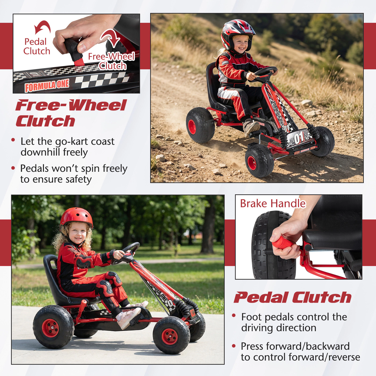 SUGIFT Kids Pedal Go Kart Red 4 Wheels with Adjustable Seat and Multi-Terrain Wheels