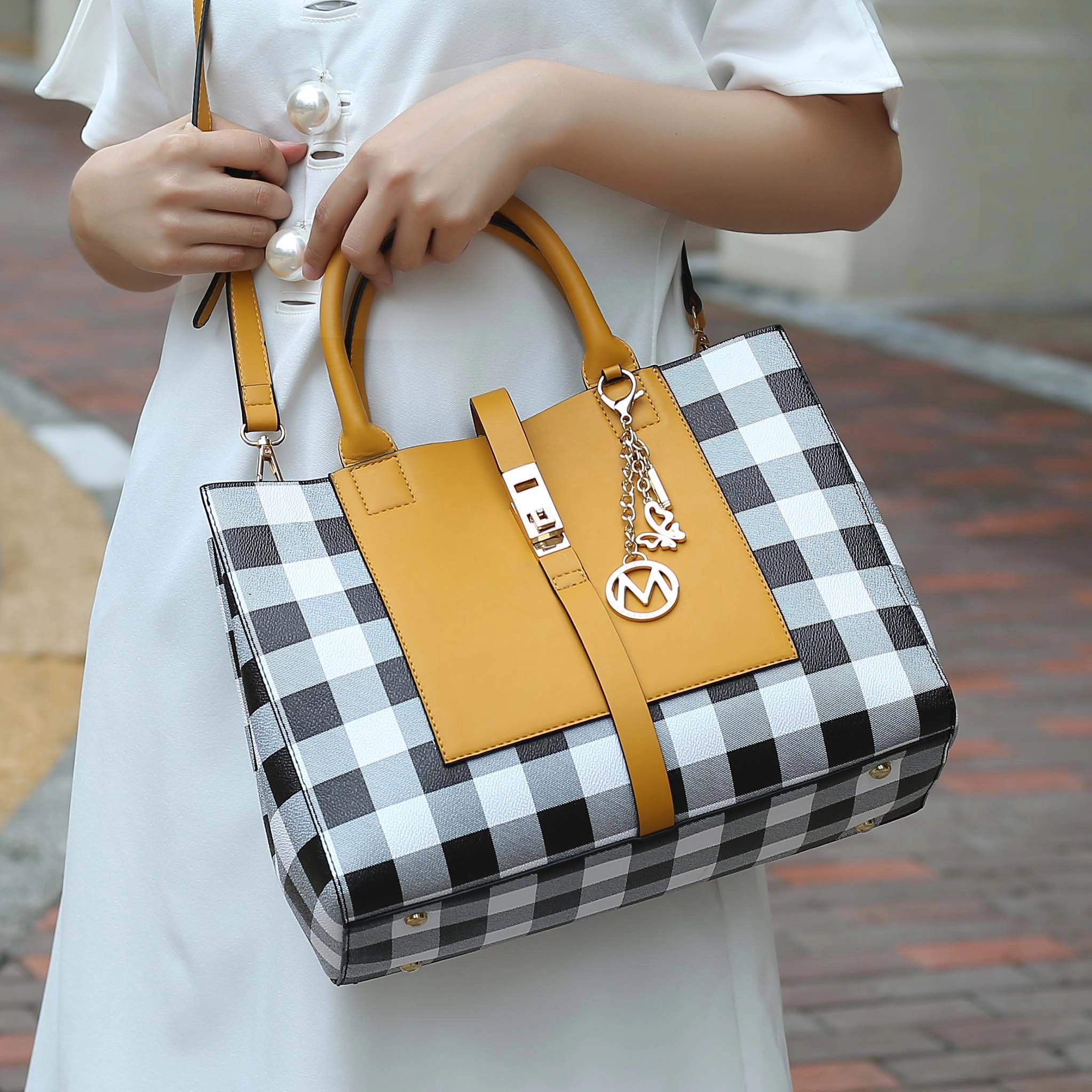 MKF Collection Yuliana Checked Satchel with Matching Wallet - Vegan Leather, Gold-Tone Hardware