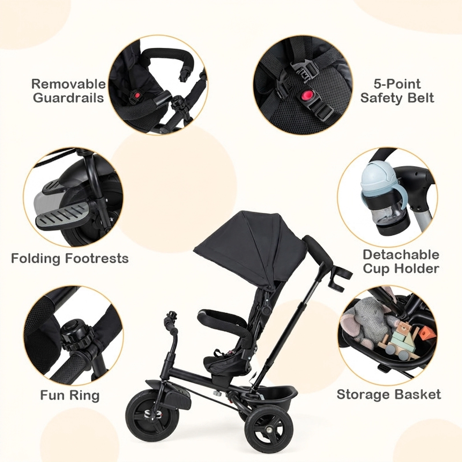SUGIFT 4-in-1 Reversible Seat Baby Tricycle Stroller with 5-Point Harness 55-lb Seat Capacity Ages 9-60 Months Black