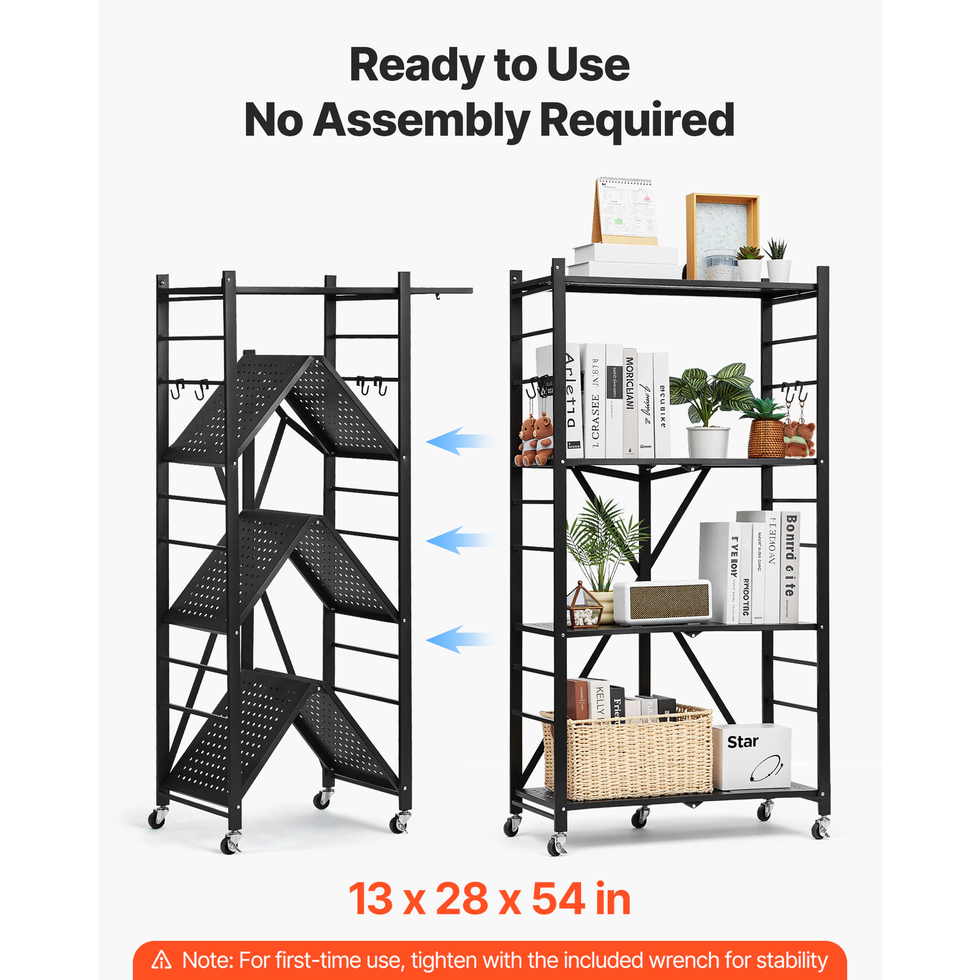 HONGGE Foldable Storage Shelf Folding Metal Rack Shelving Unit No Assembly Organizer Shelf with 5 Wheels & 4 Hooks for