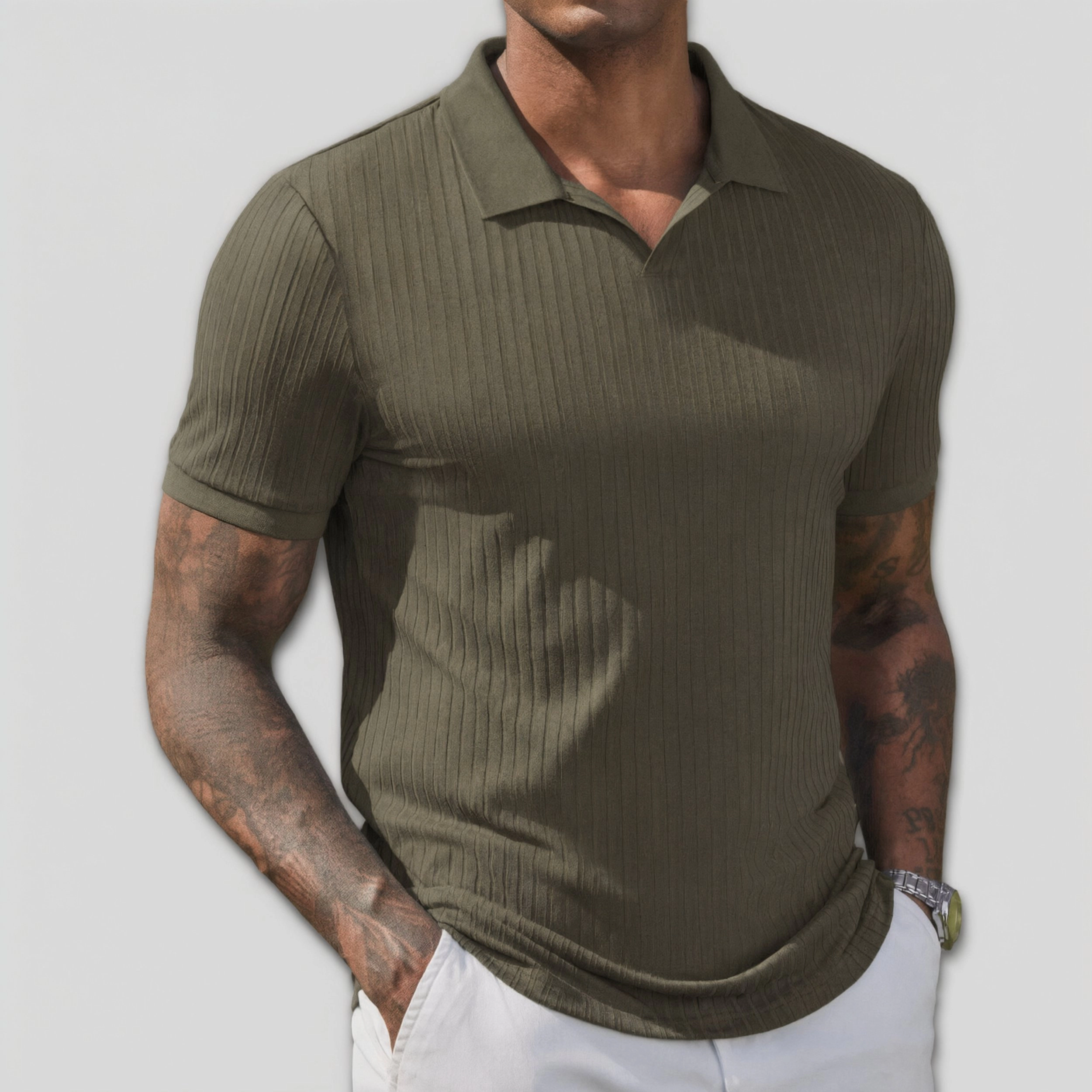 COOFANDY Mens Ribbed Polo Shirt V Neck Collared Short Sleeve Casual  Tops