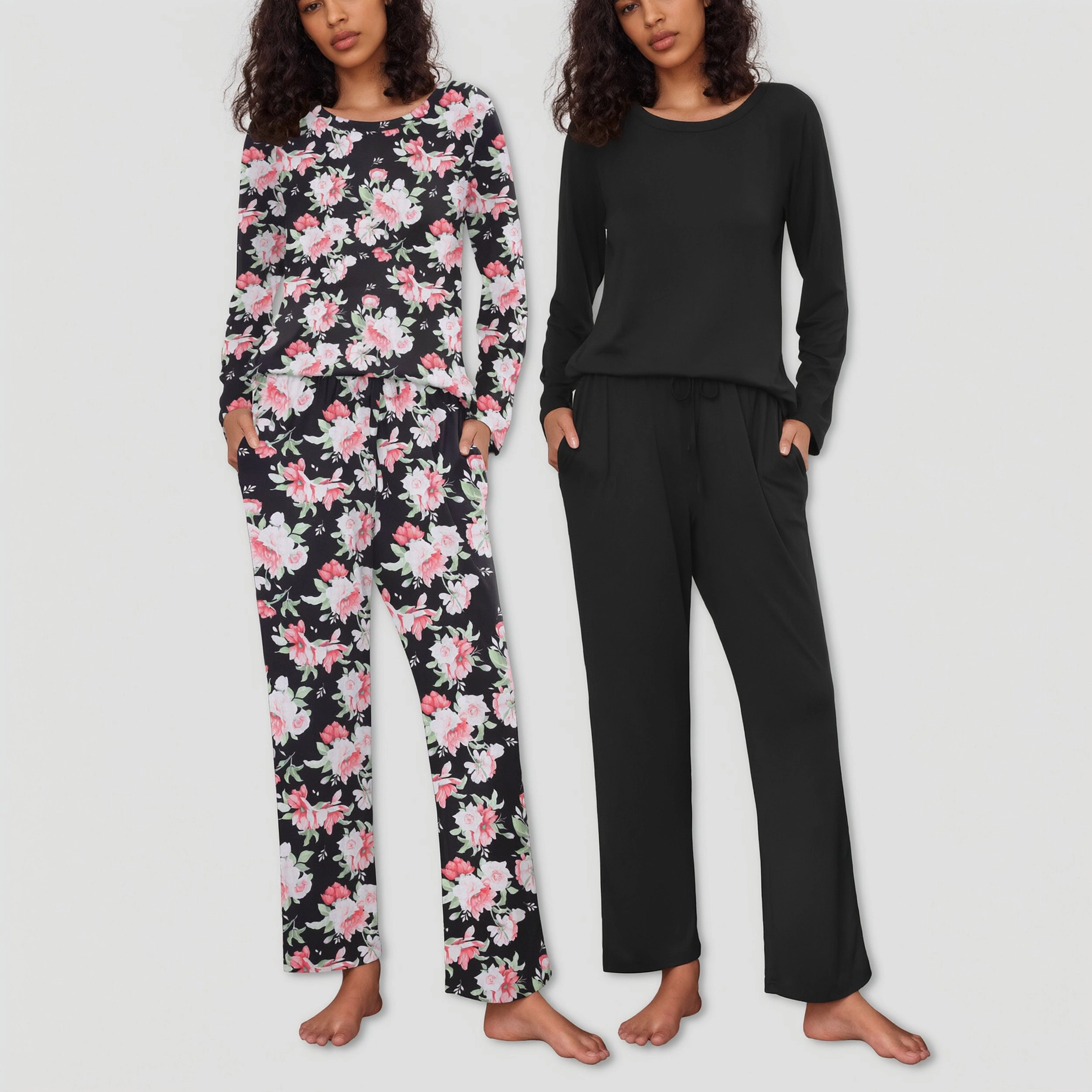 Ekouaer Women's Crew Neck Long Sleeve Pajamas Set 2 Piece Loungewear