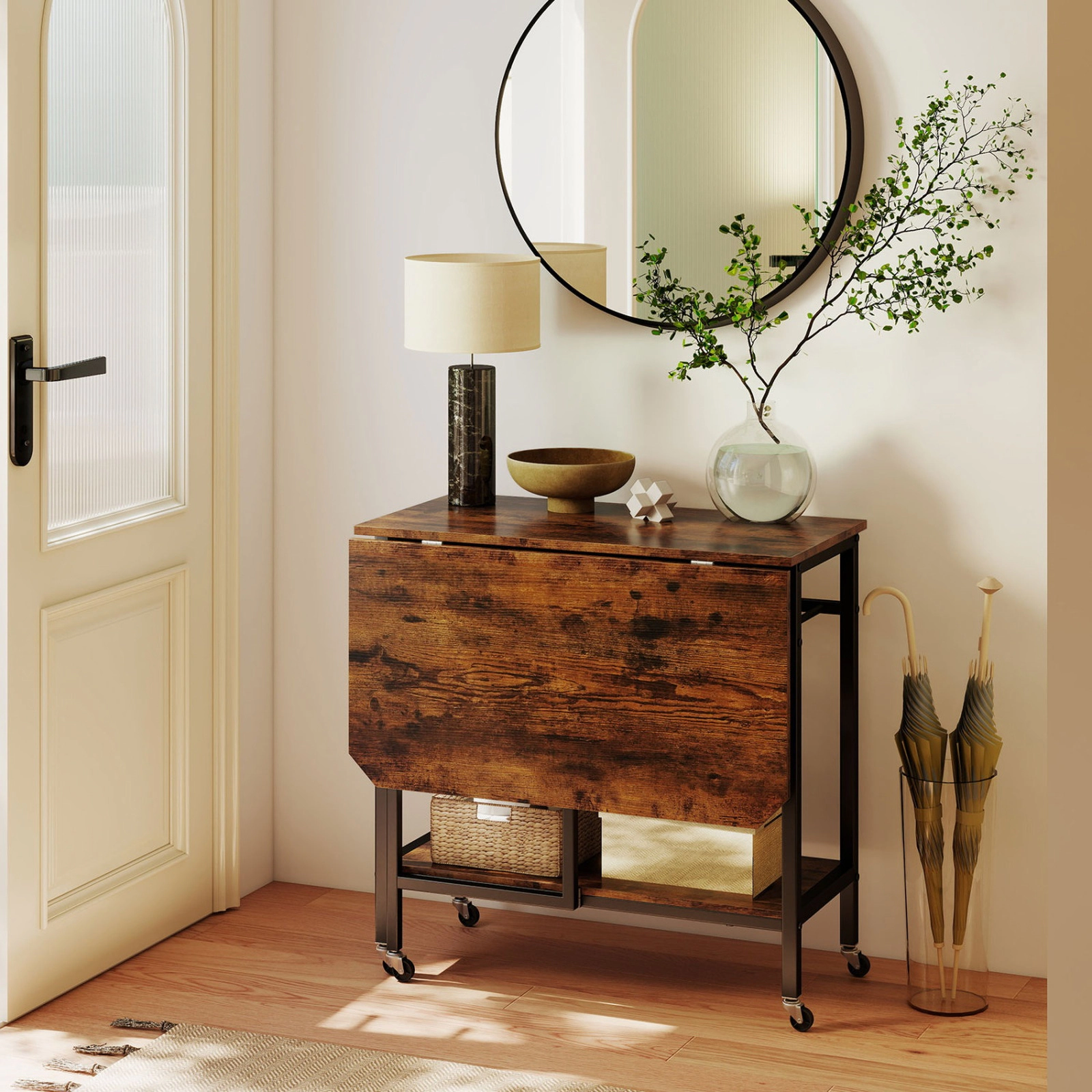 SUGIFT Rolling Drop-Leaf Dining Table with Wine Rack and Locking Casters