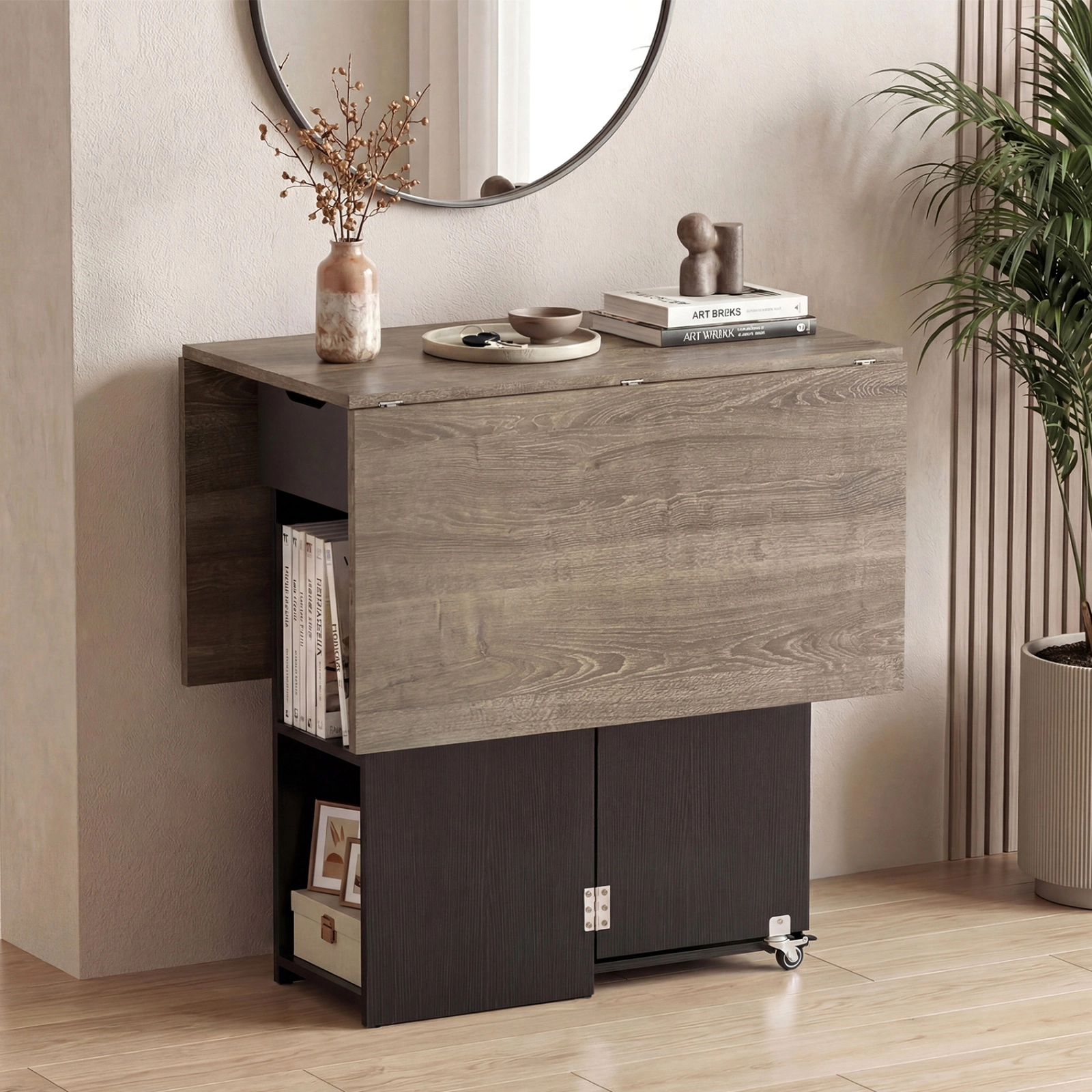 SUGIFT 47.5-Inch Oak Drop-Leaf Dining Table with Drawer, Shelves and Lockable Wheels
