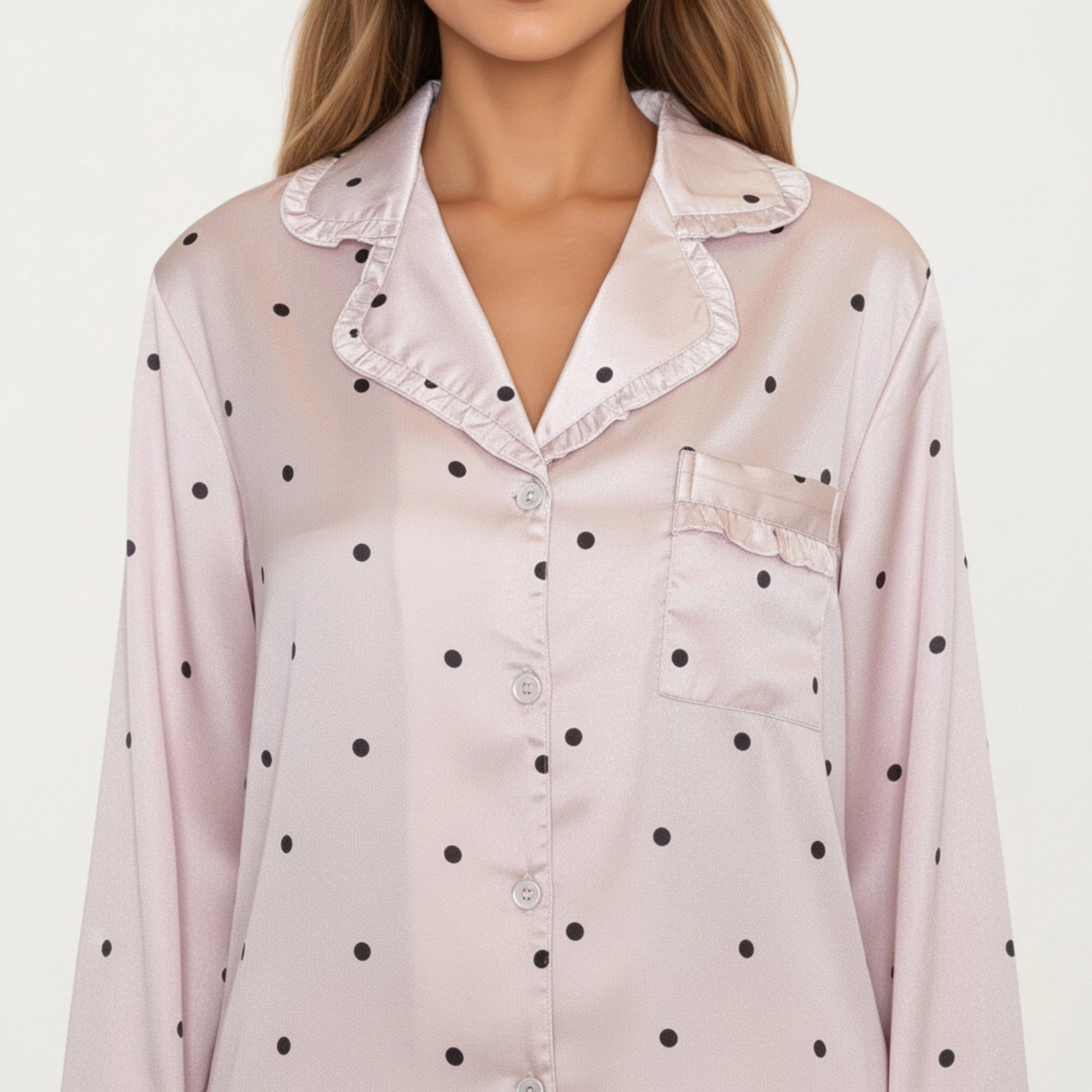 Anna-Kaci Women's 2-Piece Polka Dot Satin Button Front Pajama Top with Ruffle Trim and Matching Relaxed Fit Lounge Pants