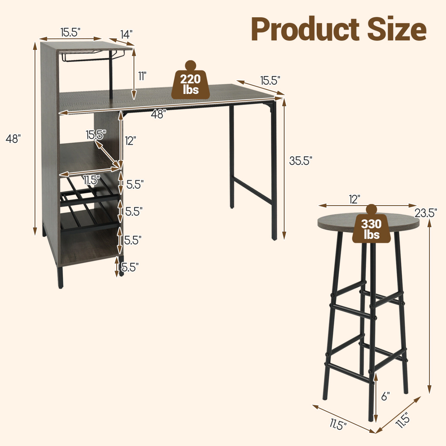 LJG 3 Piece Bar Table and Chairs Set with 6-Bottle Wine Rack