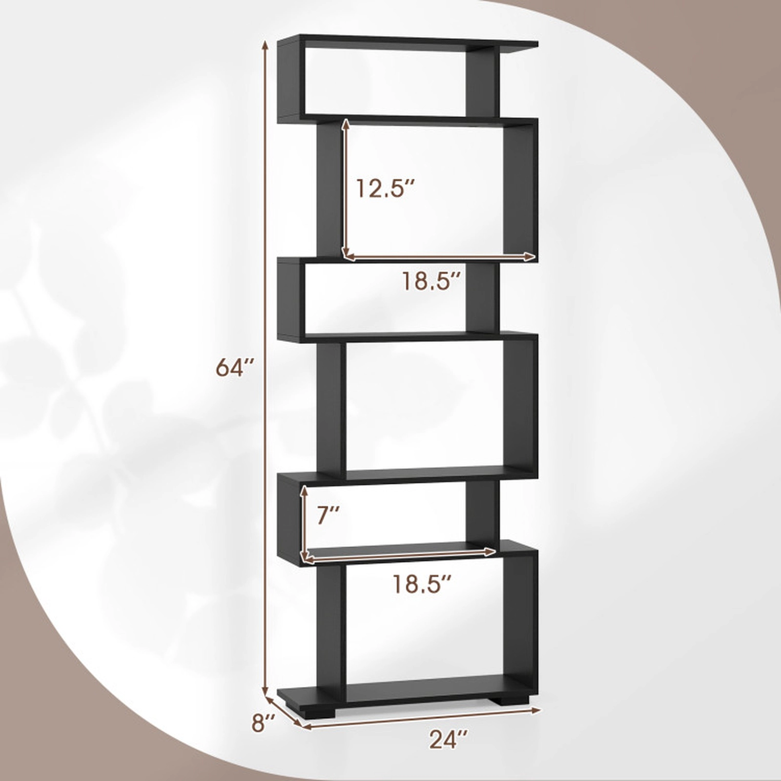 SUGIFT 6-Tier Black 64-in Tall Geometric Bookshelf 8-in Deep with 2 Anti-Tipping Kits and Elevated Base
