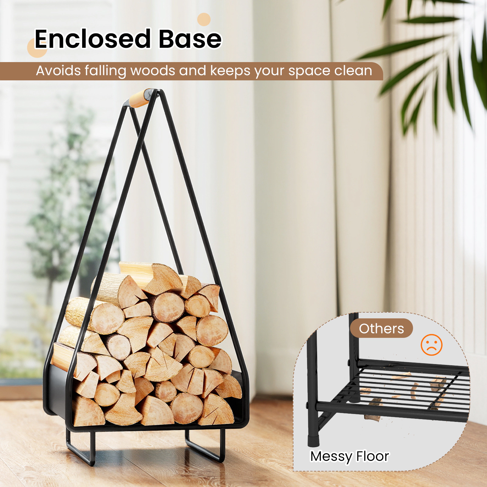 Hivvago Firewood Storage Rack Heavy-Duty Metal Log Holder With Handle And Square Rack