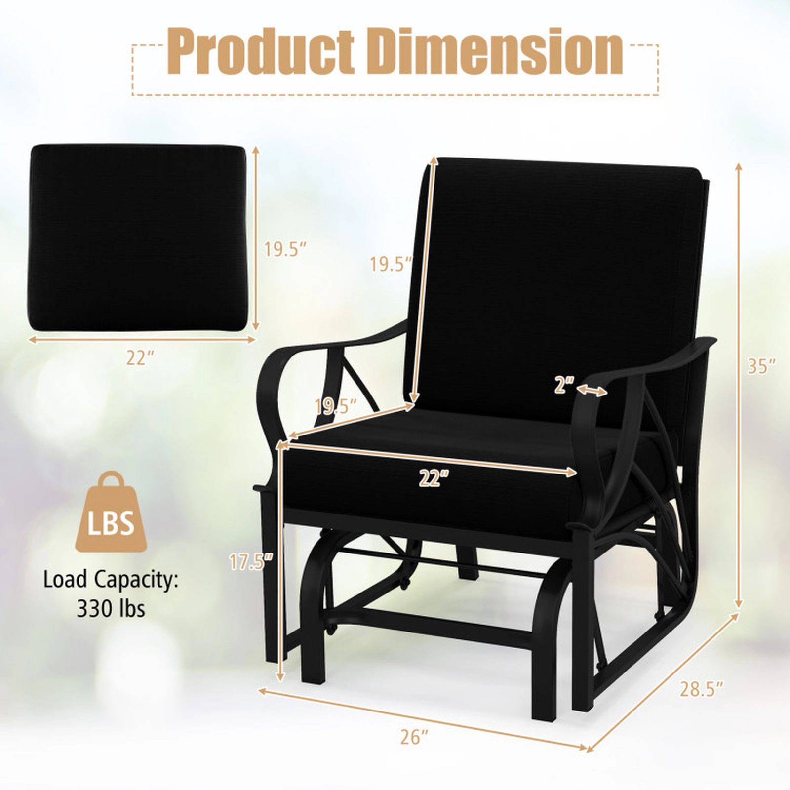 SUGIFT Black Metal Outdoor Patio Glider Chair, 330-Lb Capacity, Thick Cushion and Curved Armrests
