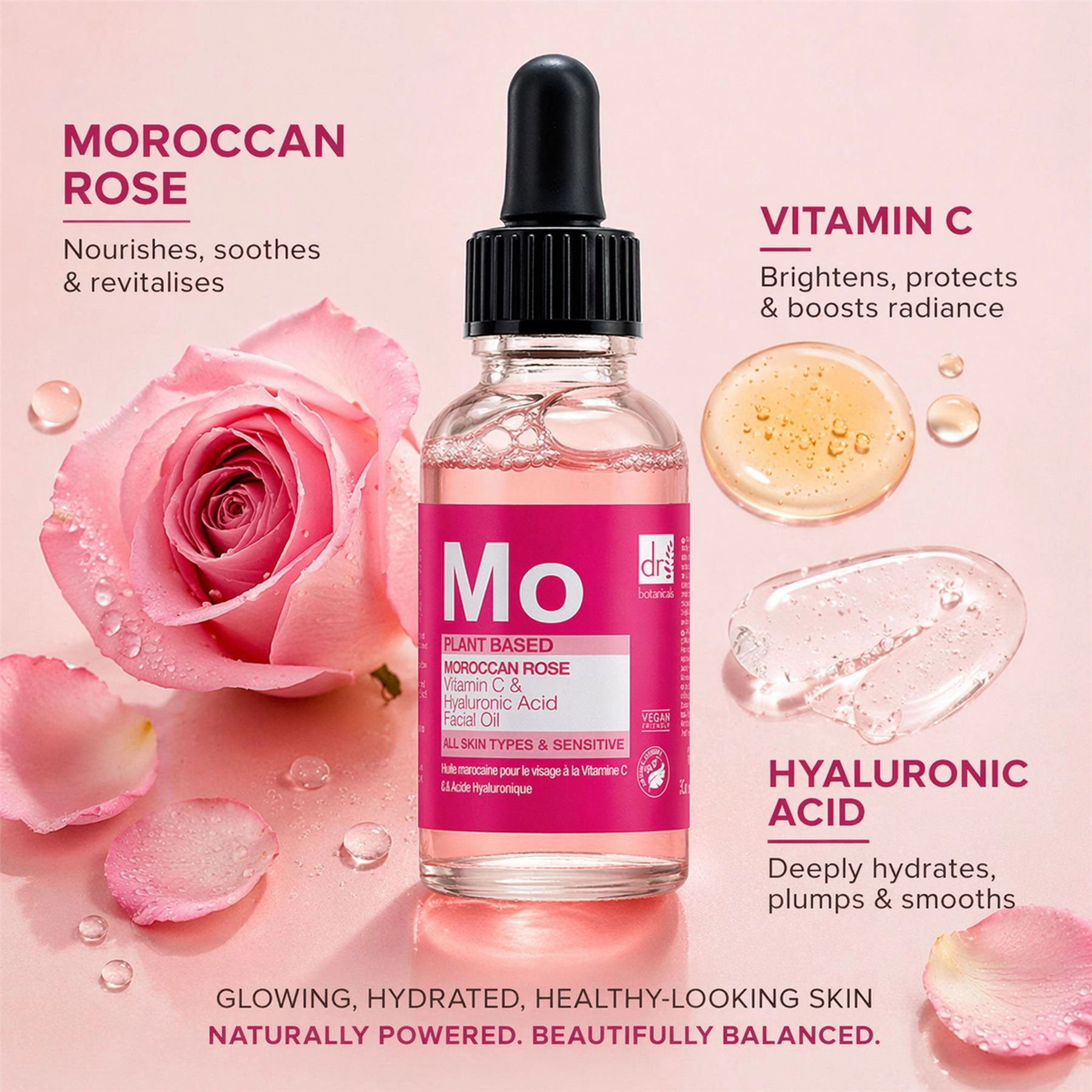 Dr Botanicals Moroccan Rose Facial Oil with Hyaluronic Acid & Vitamin C 15ml