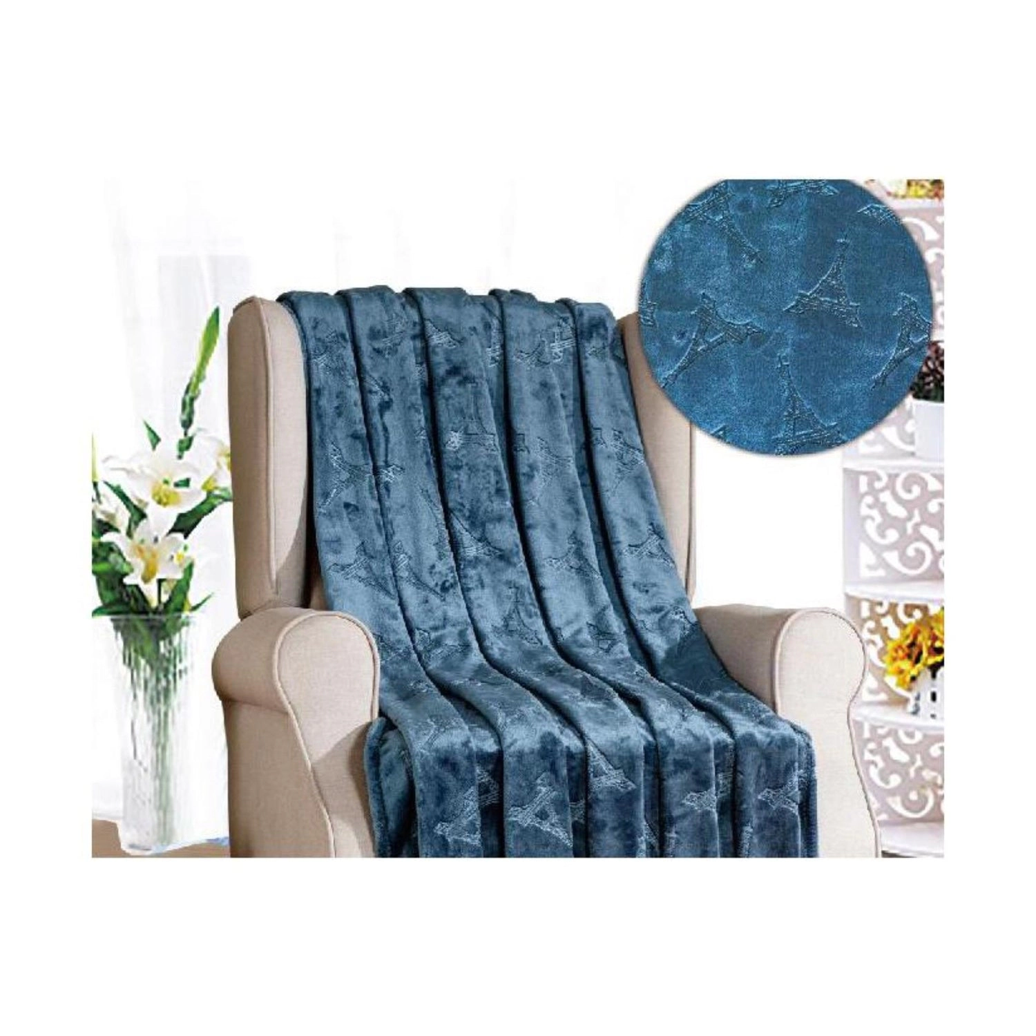 Eiffel Tower Premium Microplush Super Soft Embossed Pattern All Season 50" x 60" Throw Blanket, Oxford Blue
