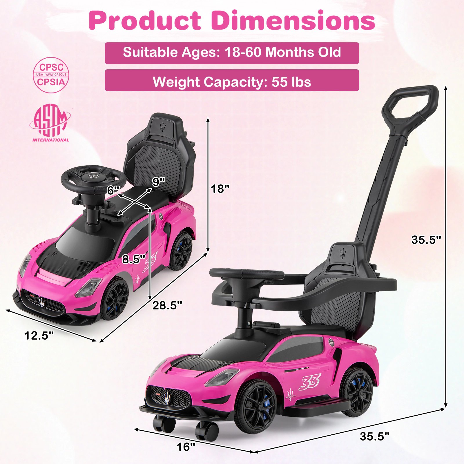 SUGIFT 3-in-1 Maserati Licensed Ride-On Push Sliding Car with Music 55-lb Capacity Ages 18-60 Months Pink/White