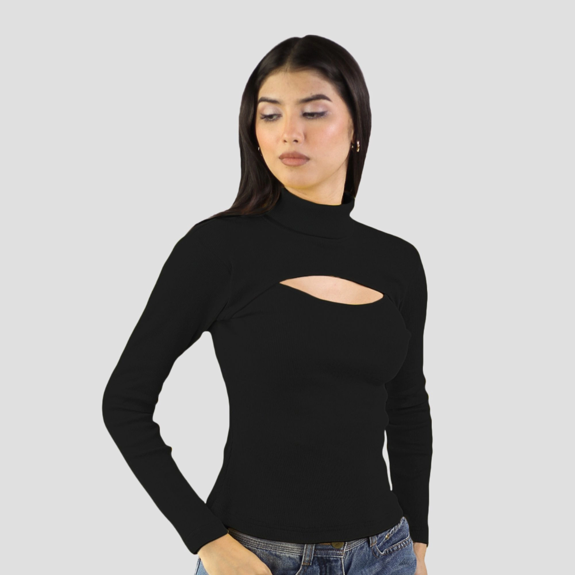 Artyska Women’s Ribbed High Neck Cutout Long Sleeve Top