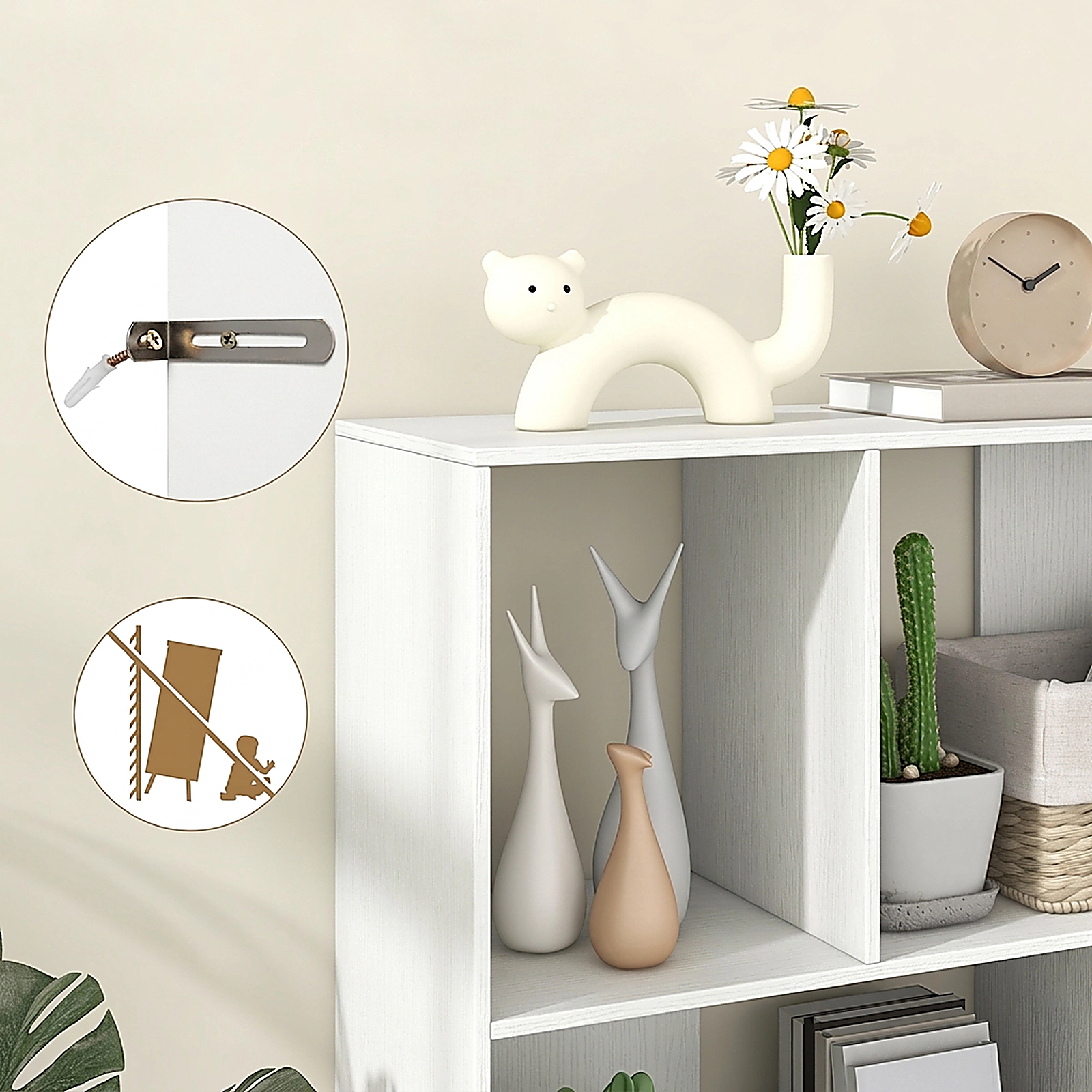 SUGIFT White Open Shelf Bookcase with 4 Compartments and Raised Metal Legs