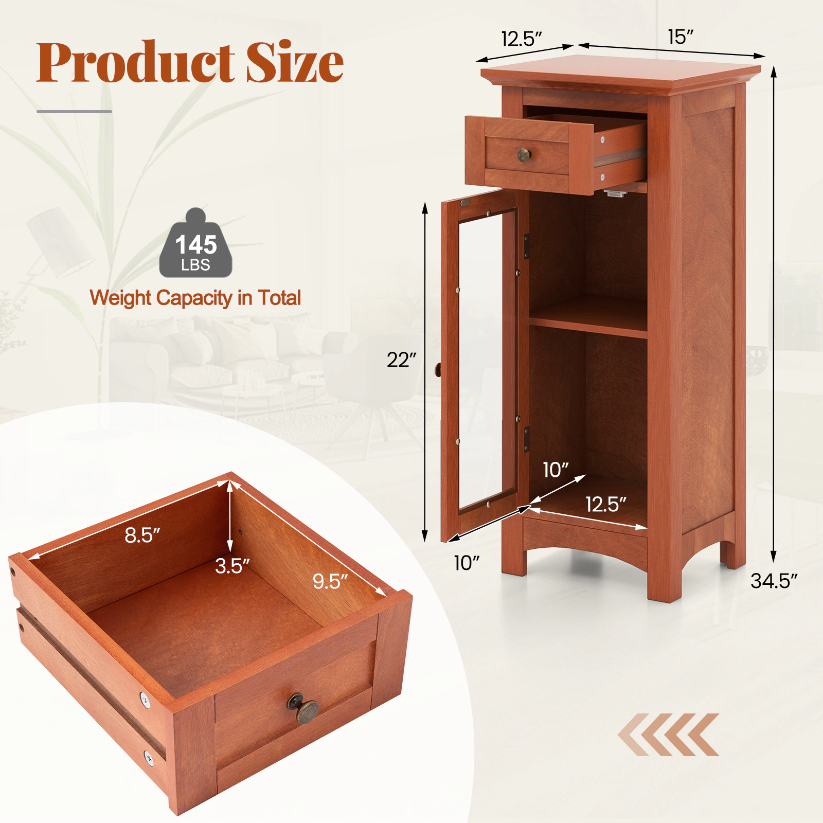 Slickblue Bathroom Floor Storage Cabinet Brown MDF Glass Door Drawer Adjustable Shelf