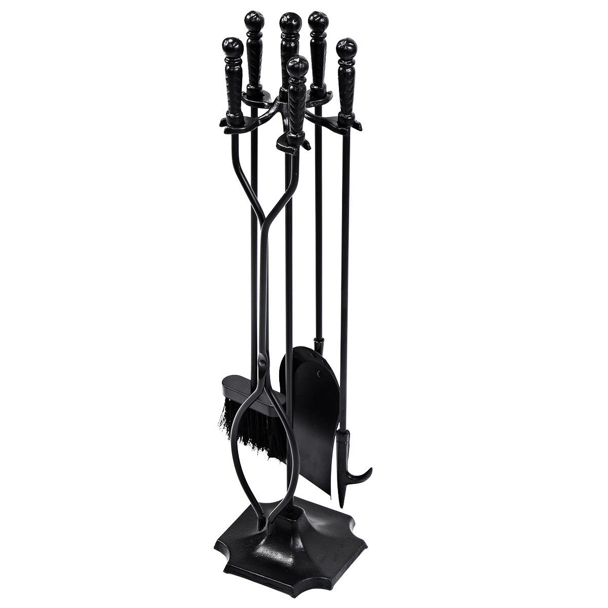 SUGIFT 5-Piece Iron Hearth Fireplace Tool Set and Stand Poker Tong Brush Shovel 31-in Tall 7 x 7-in Base Bronze/Black