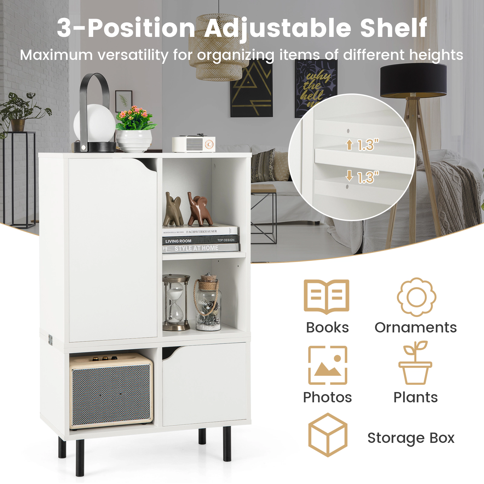 SUGIFT White 38-in Small Stackable Bookshelf with 3-Position Adjustable Shelf Cabinet and Open Cubes