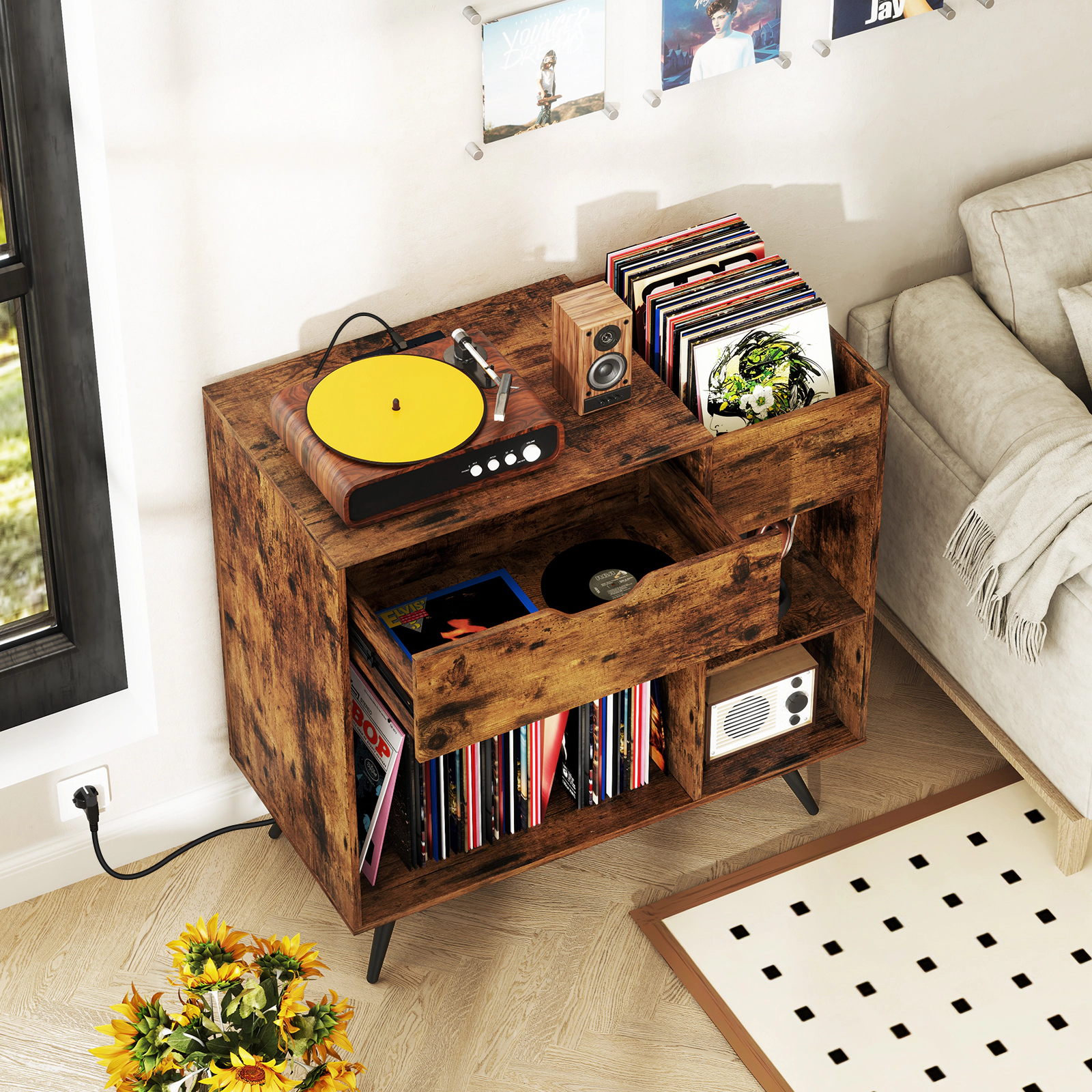 Glintex Record Player Stand with Drawer Removable Dividers and 255-Lb Capacity, Rustic Brown
