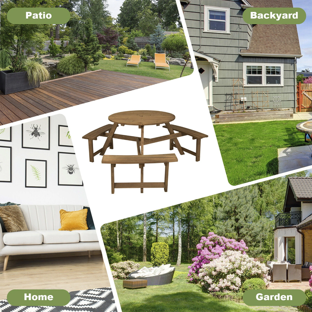SUGIFT 6-Person Round Wooden Picnic Table with 3 Built-in Benches & Umbrella Hole 220-lb Tabletop Capacity 500-lb Bench