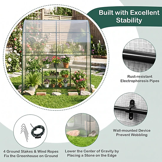 SUGIFT 7-ft W 3.5-ft D Lean-To Greenhouse with 3-Tier Flower Rack and 2 ...