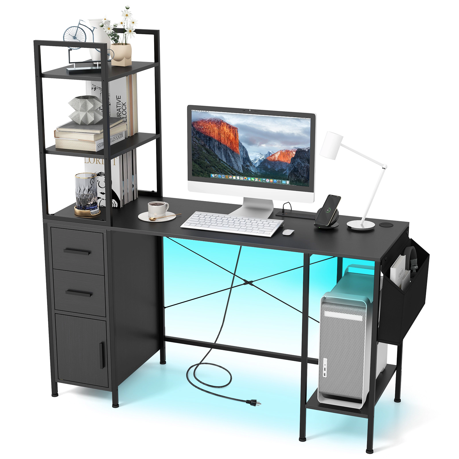 LJG Office Desk with LED Lights and Power Outlets Computer Desk with Open Shelves