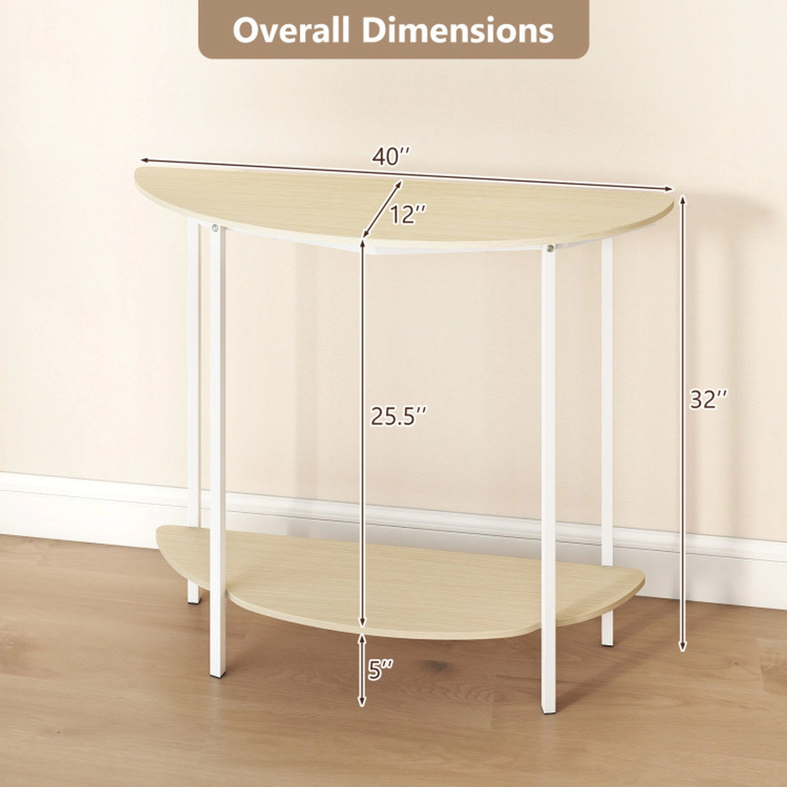 SUGIFT Half Moon 2-Tier Console Table 40-in Wide with Storage Shelf Natural & White
