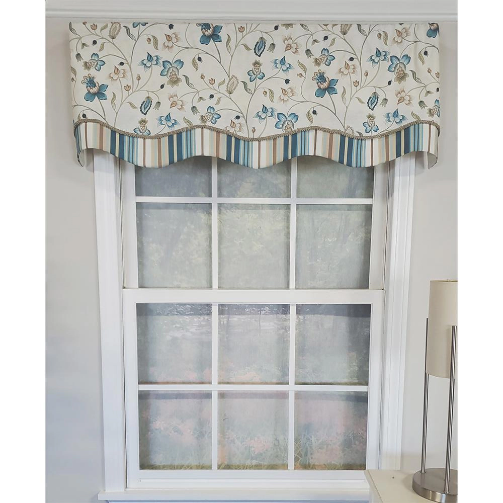 RLF Home Sandra Glory Window Treatment 100% Cotton Stripe with Gimp Trim Luxurious Lining Valance 50"x15" Blue