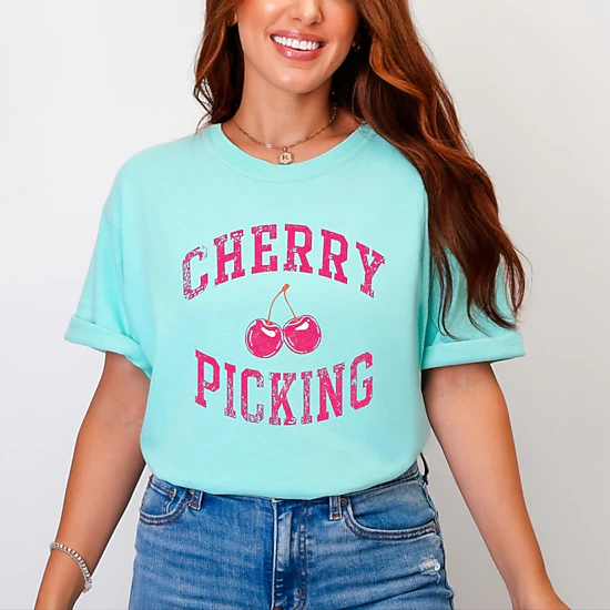 Simply Sage Market - Cherry Picking Varsity Arched - Women's Garment Dyed Graphic T-Shirt