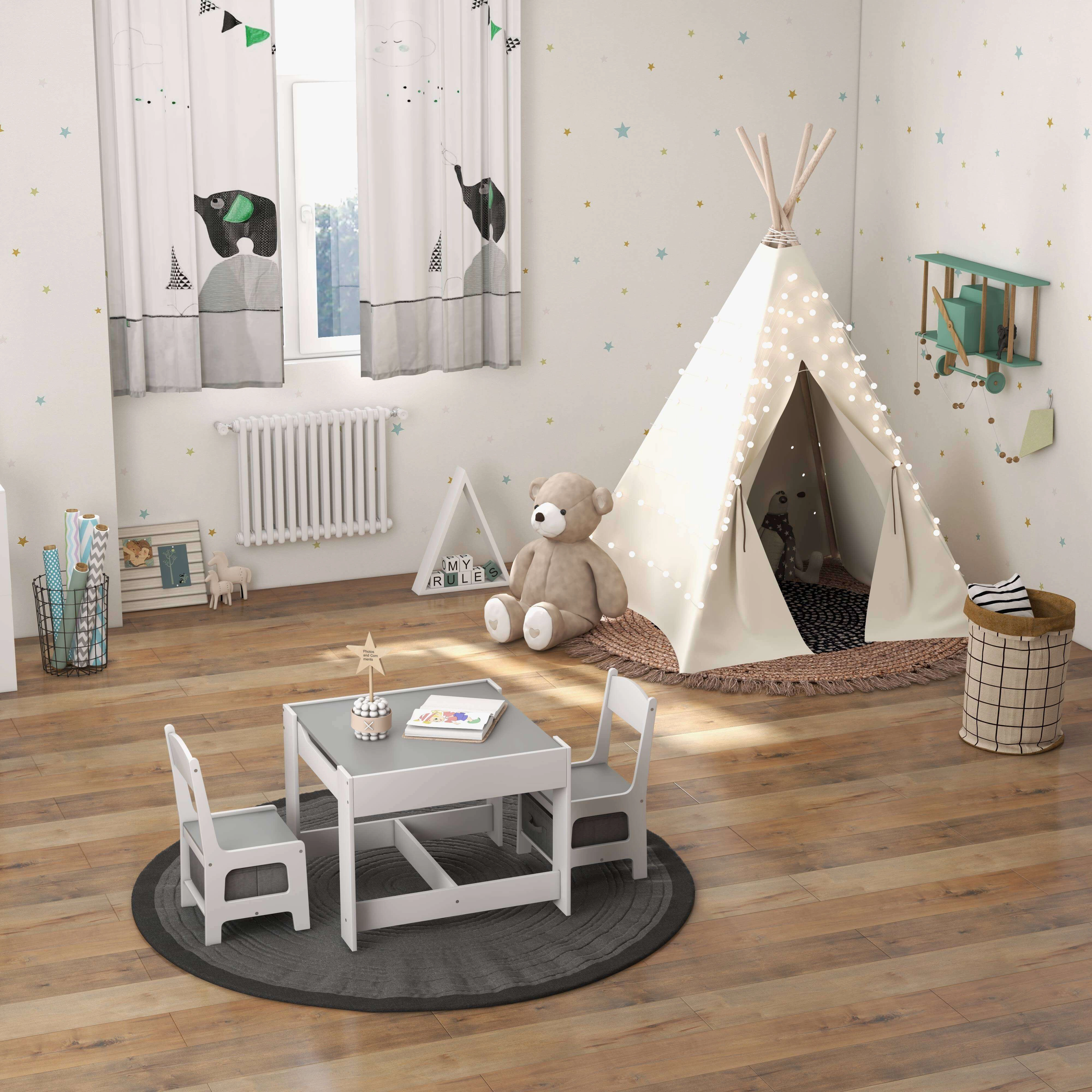 SUGIFT White Storage Boxes and Reversible Chalkboard Whiteboard Top 3-Piece Kids Table and Chair Set