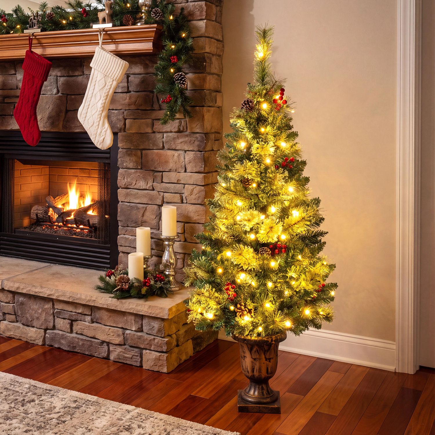 LJG LED Christmas Tree with Red Berries Pine Cones