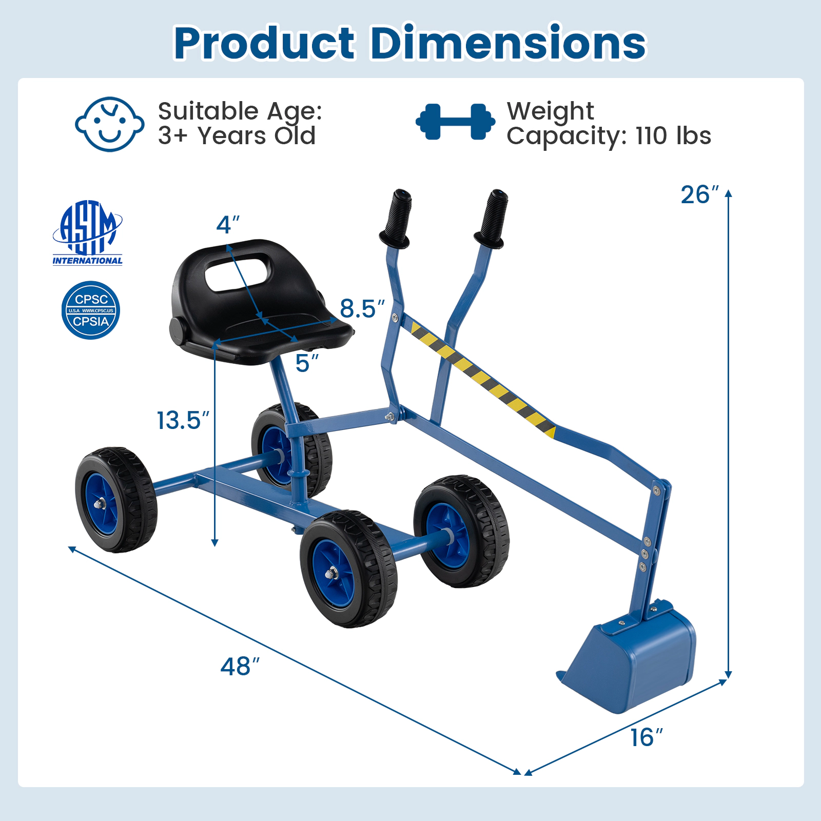 Blue Kids Ride-On Sand Digger Excavator Toy on 4 Wheels 2-Handed Levers Swivel Seat 110-lb Capacity Ages 3+