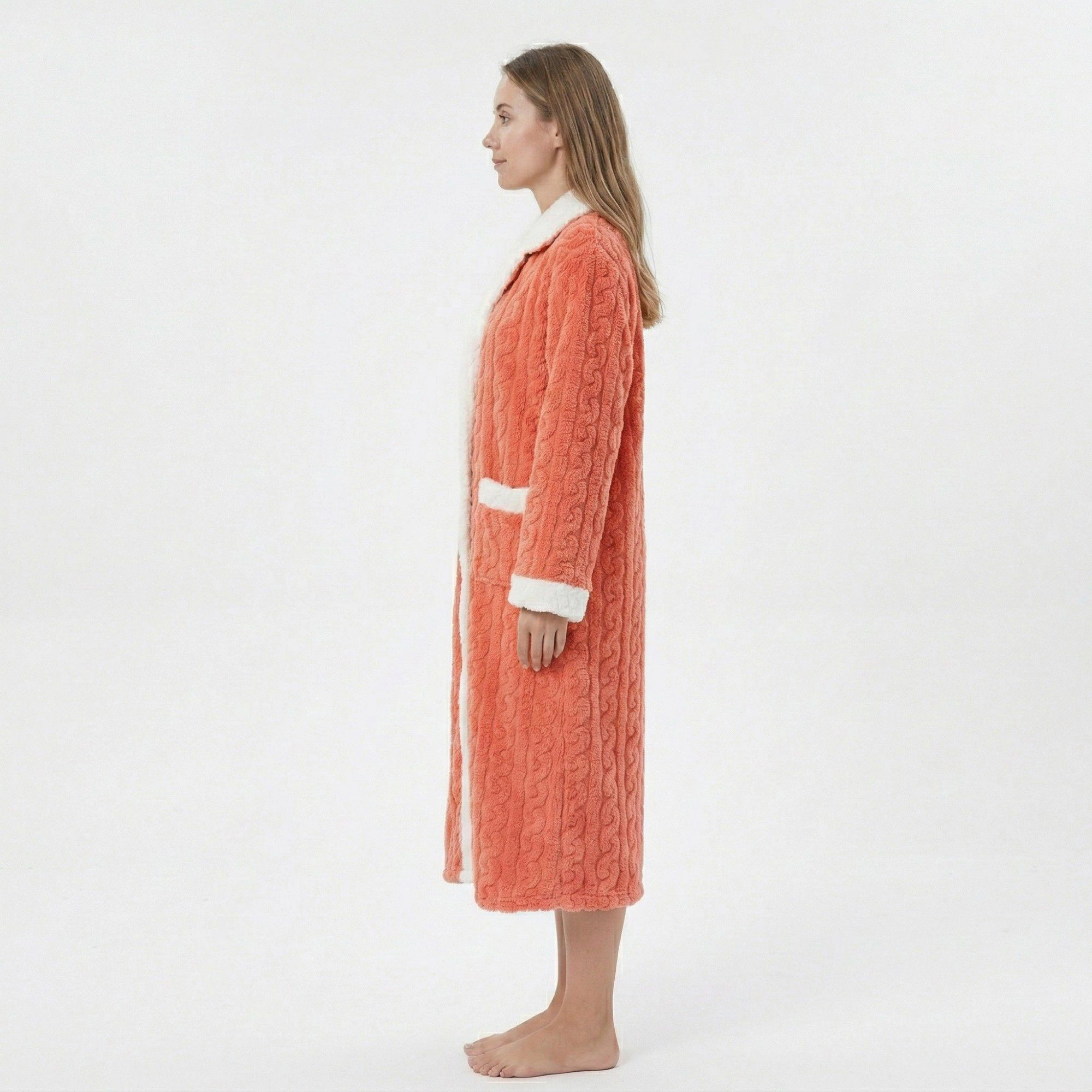 Anna-Kaci Women's Plush Bathrobe with Textured Cable Pattern Contrast Trim Button Front Closure and Pockets