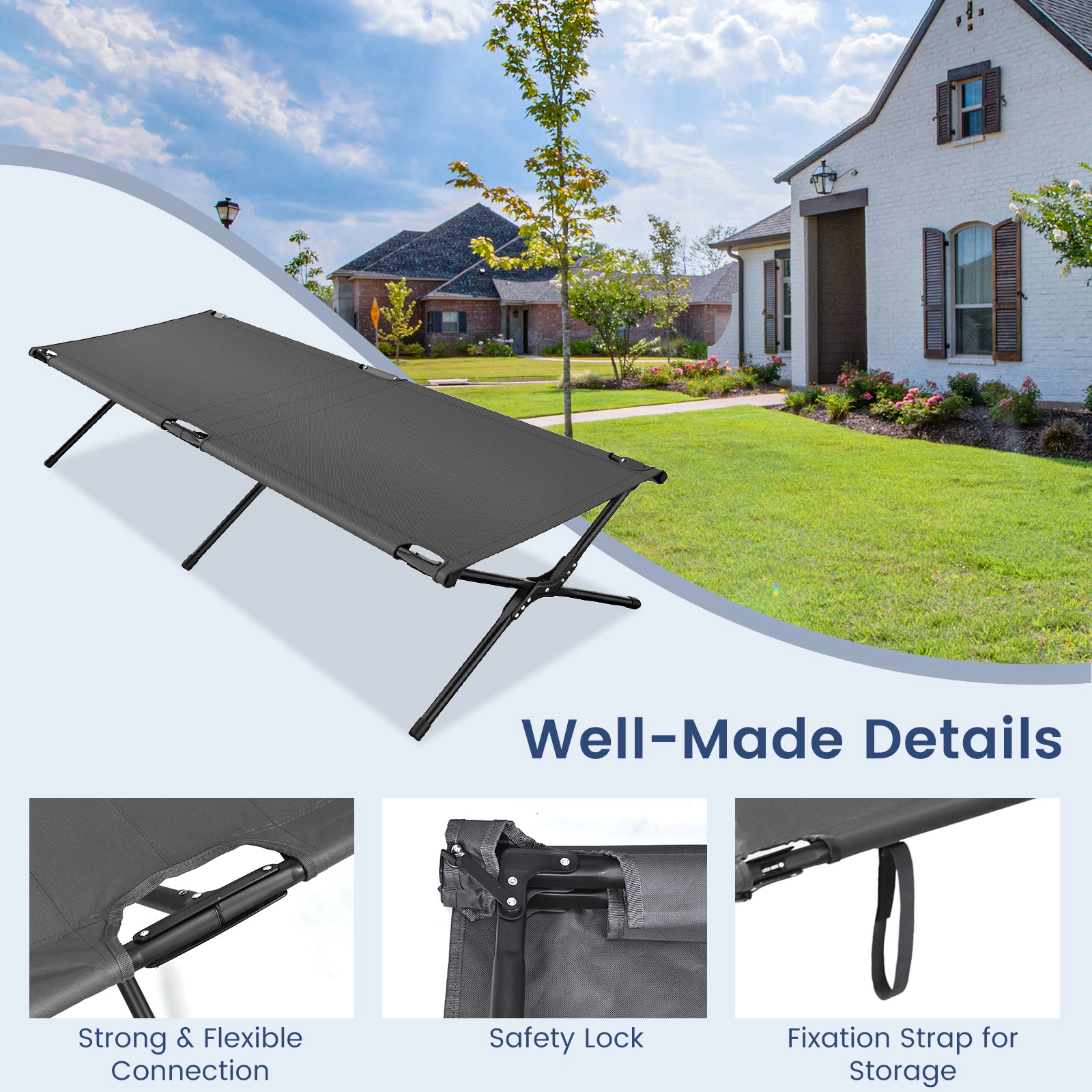 SUGIFT Adult and Kids Gray Folding Camping Cot with X-Shaped Iron Legs 26.5-in W 16.5-in H 300-lb Bed Capacity