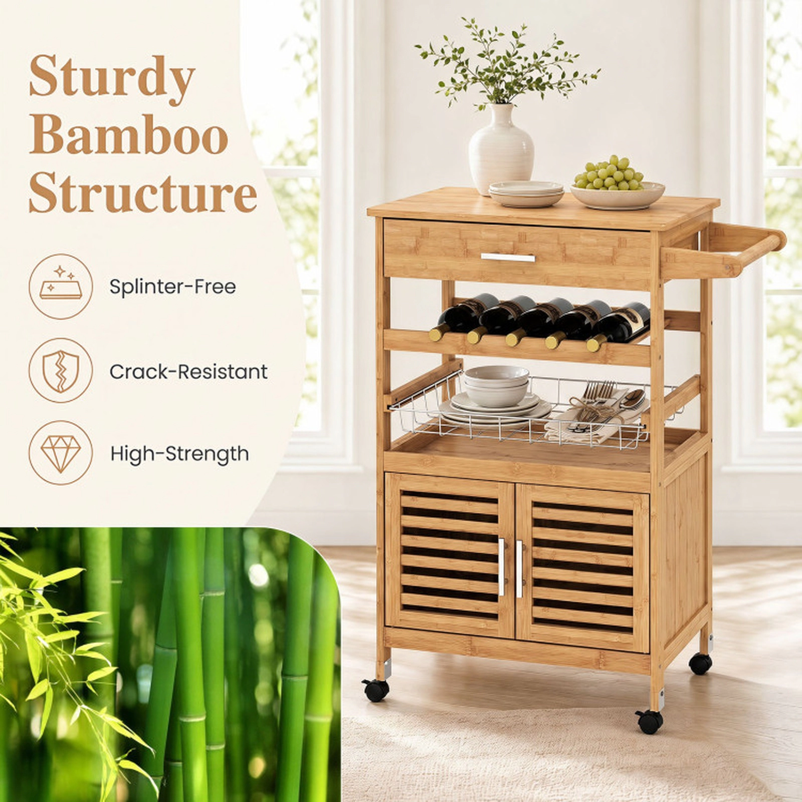 SUGIFT Bamboo Rolling Kitchen Island Trolley Cabinet Drawer Wine Rack 66-lb Top Capacity 27 x 14.5 x 35-in Natural