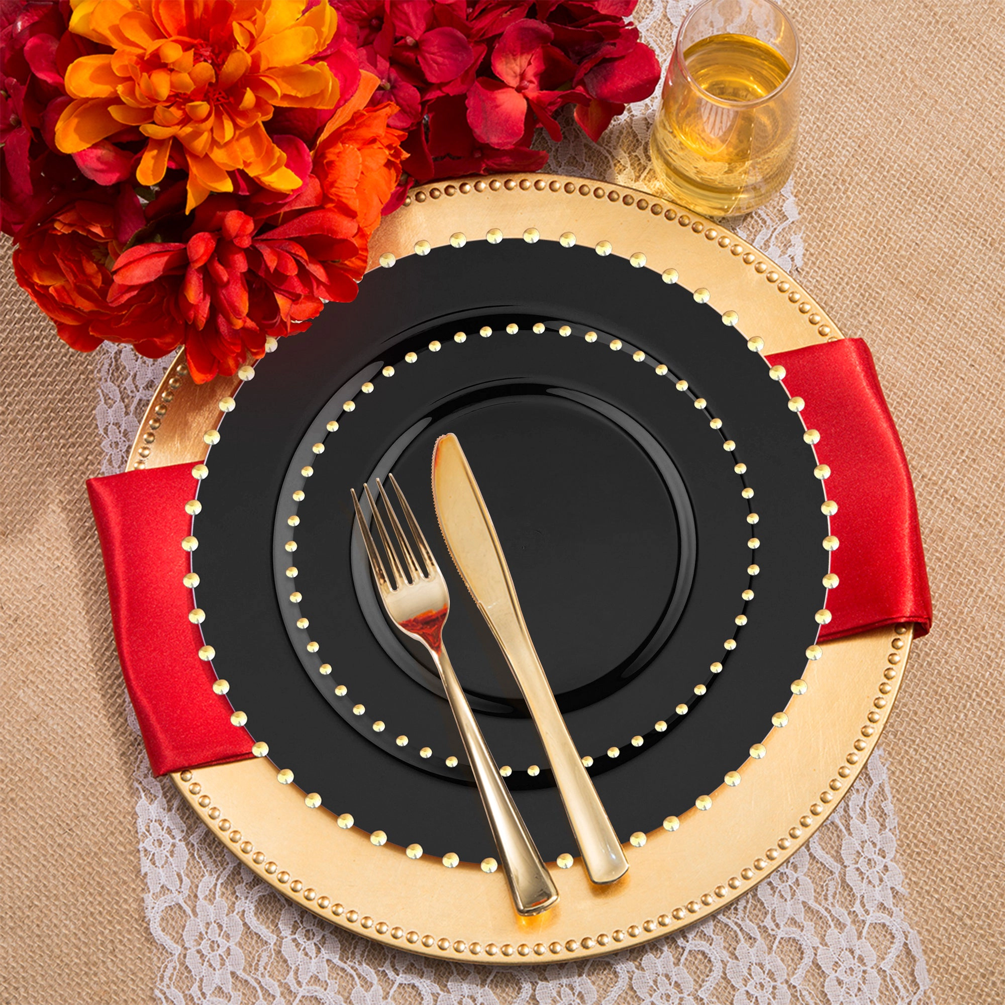 Smarty Had A Party Black with Gold Pearl String Round Disposable Plastic Wedding Value Set