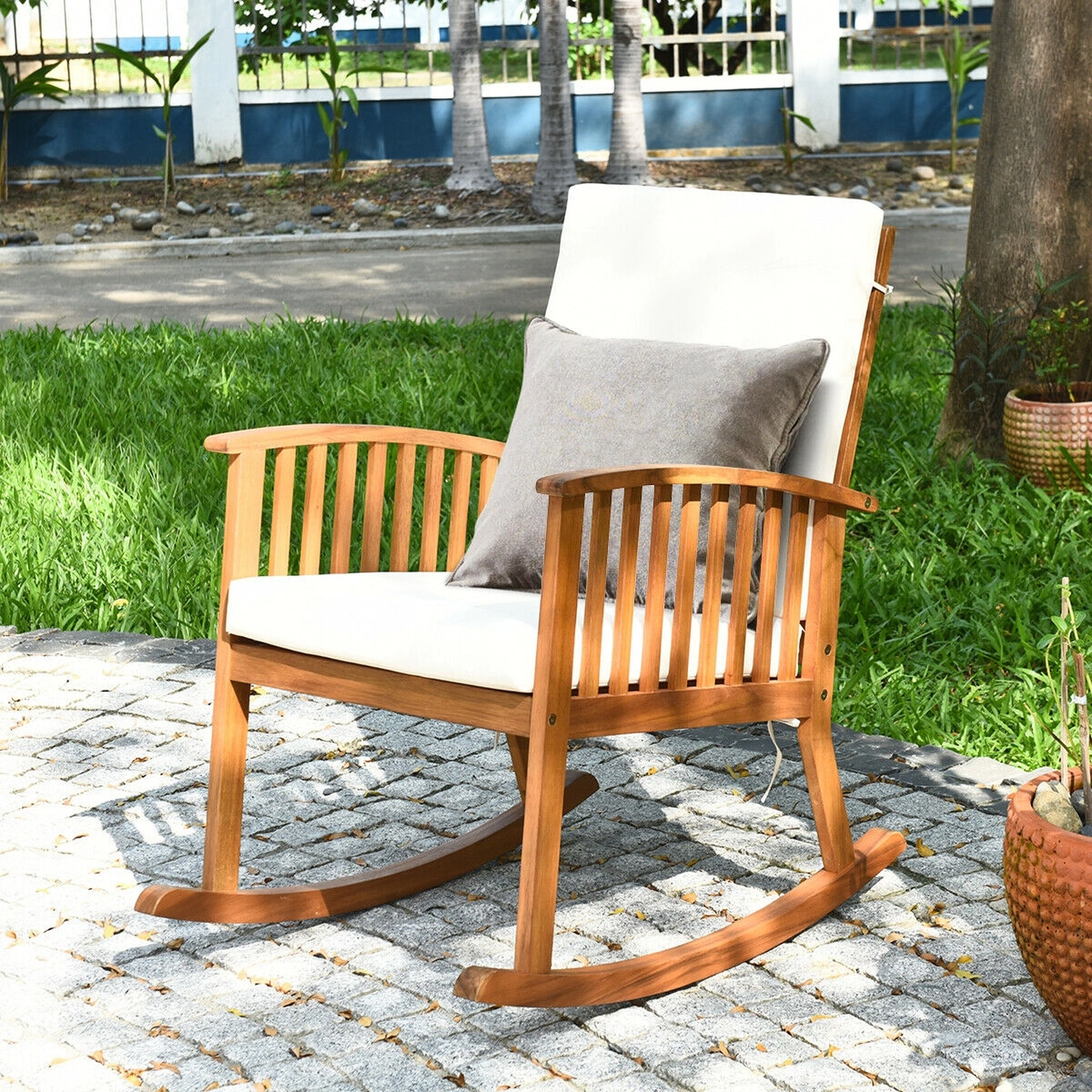 SUGIFT Acacia Wood Outdoor Rocking Chair, Teak Finish, Washable Cushions