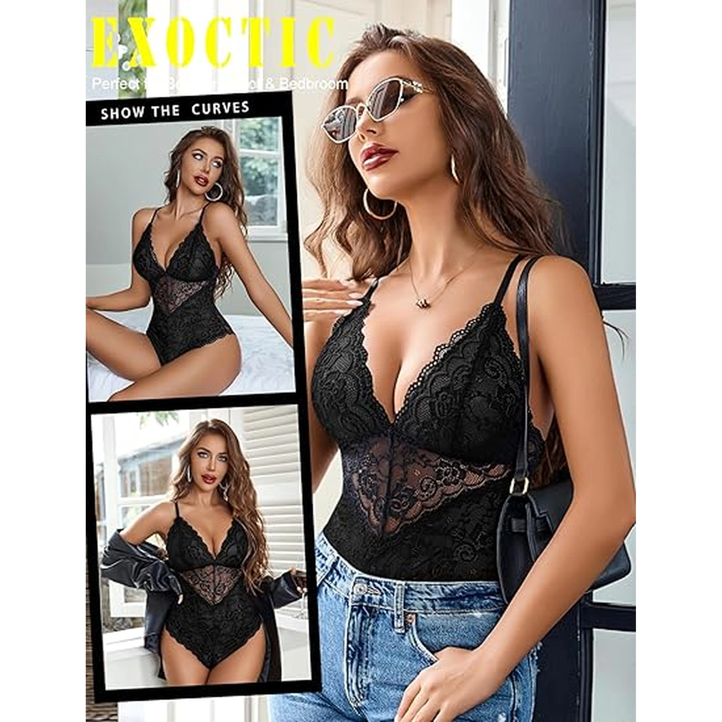 Avidlove Women's Deep V Lace Teddy Babydoll Bodysuit