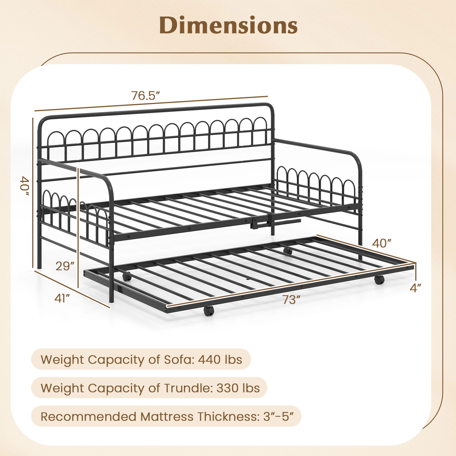 SUGIFT Black Curved Backrest Armrests and Roll-Out Trundle Twin Metal Daybed
