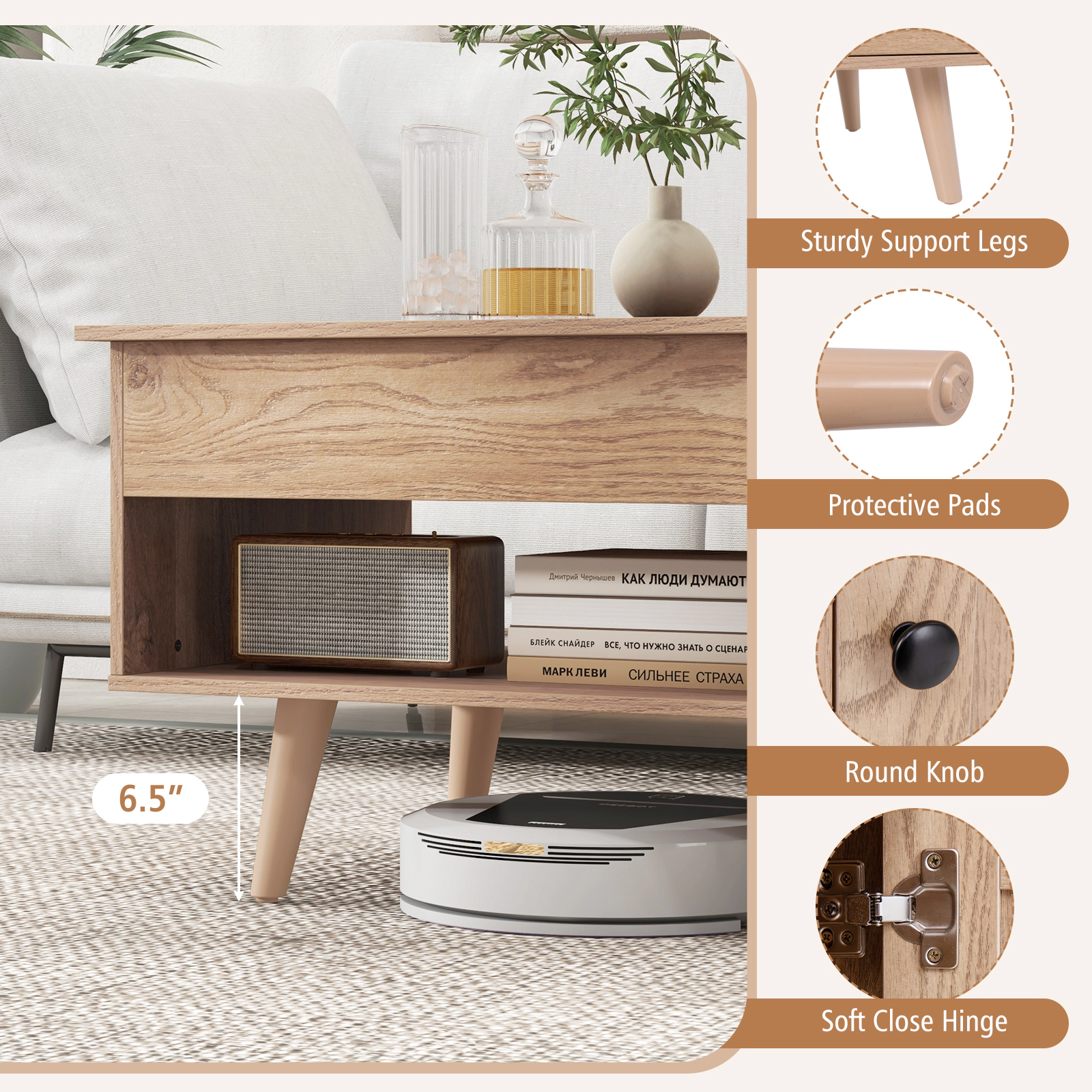 SUGIFT 39.5-in Natural Convertible Writing Desk Coffee Table with Lifting Top Soft-Close Cabinet and Cubbies