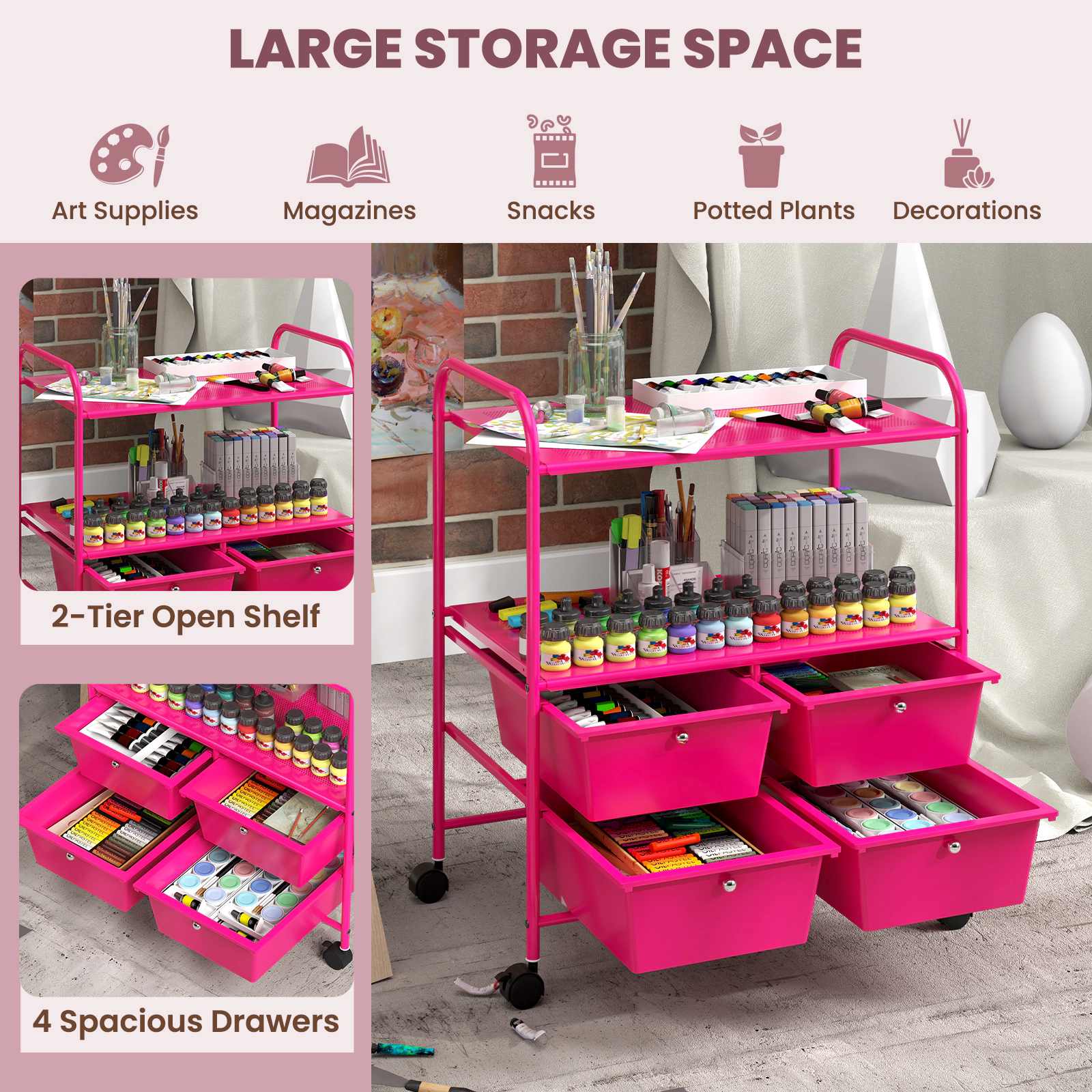 SUGIFT 4-Drawer Rolling Storage Cart with 2 Open Shelves and Locking Casters