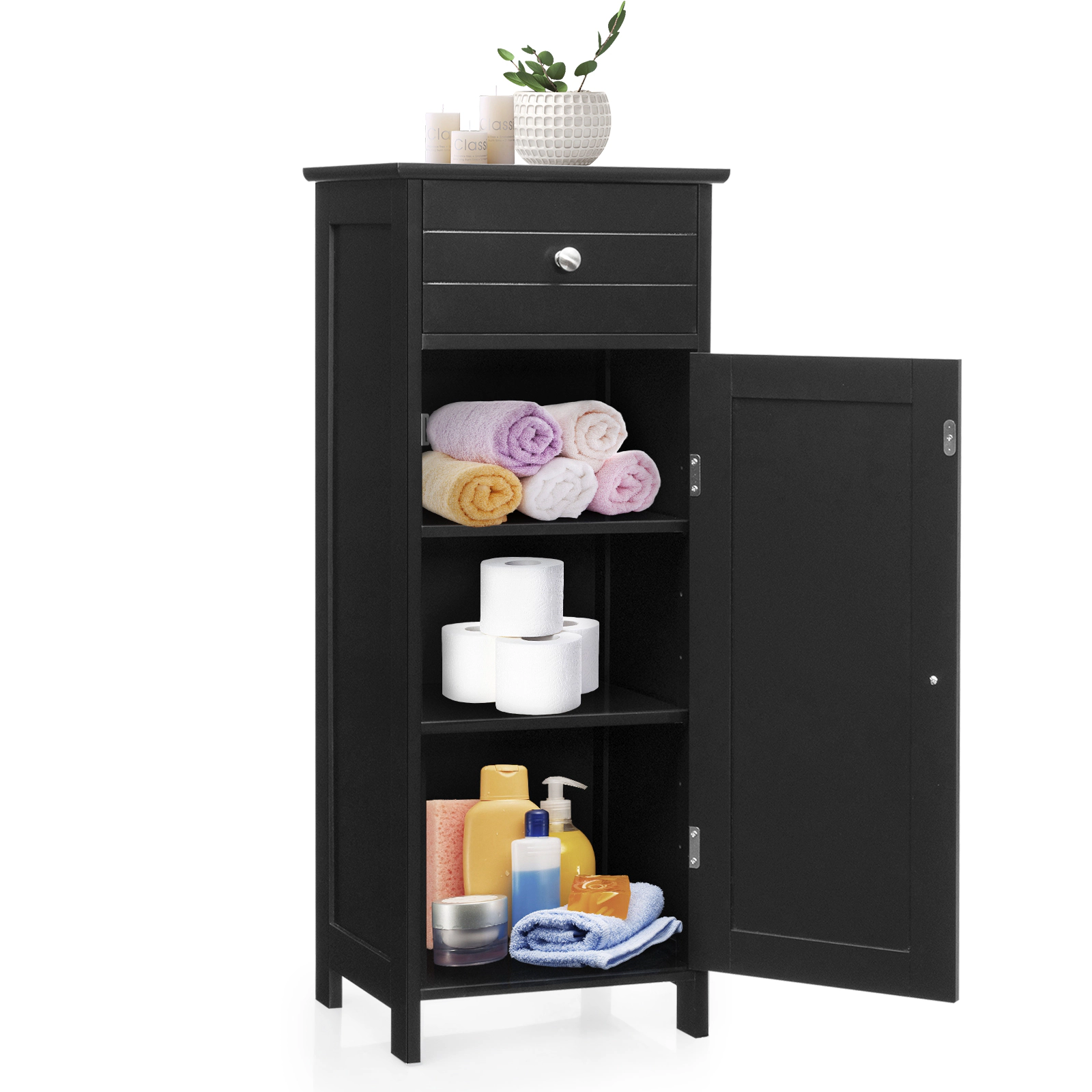 SUGIFT 1 Drawer 1 Door Adjustable Shelves Freestanding Bathroom Cabinet 14-in x 12-in x 34.5-in 132-lb Capacity Black