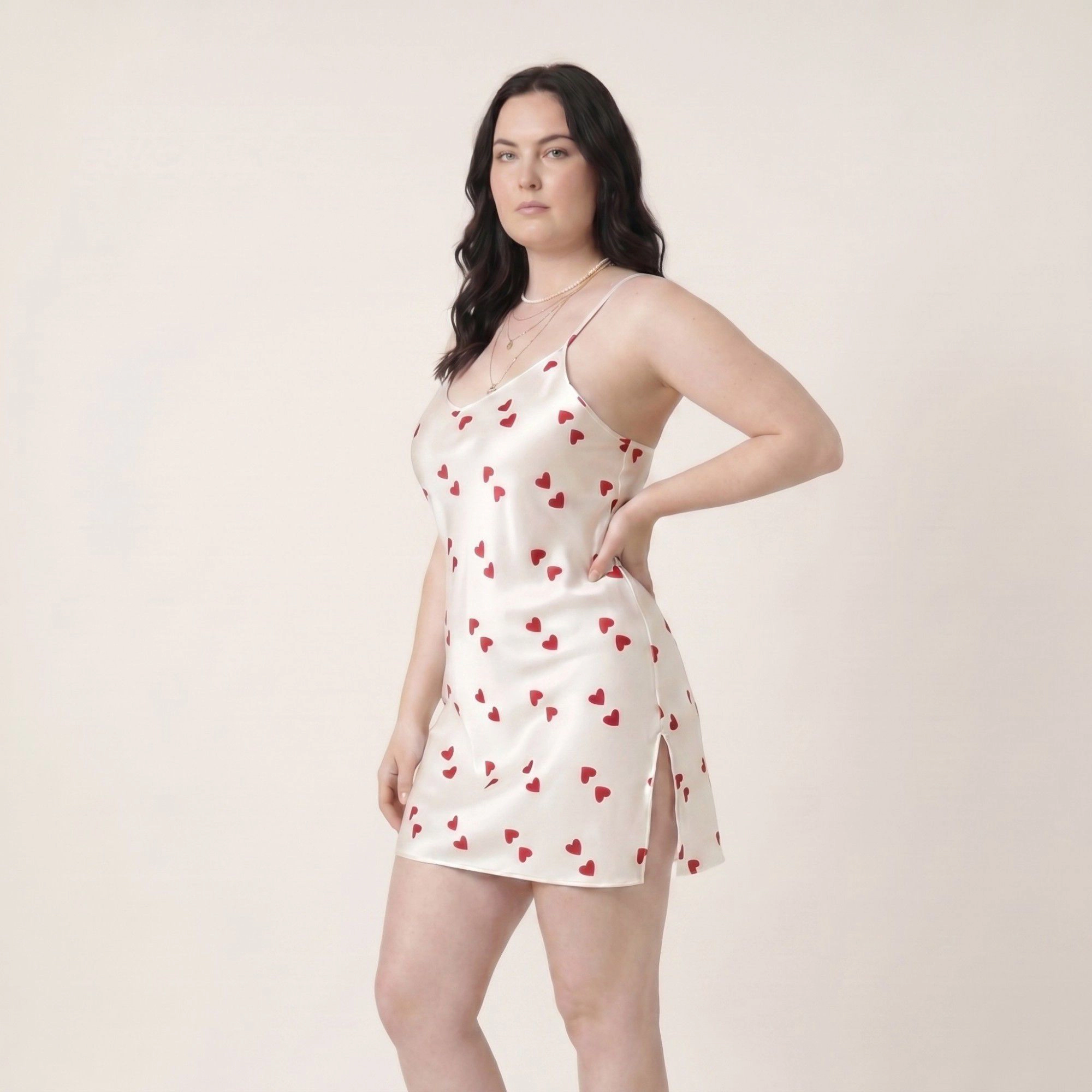 Anna-Kaci Women's Plus Heart Print Satin-Like Cami Nightgown with Slim Straps V-Neckline and Relaxed Mini Fit