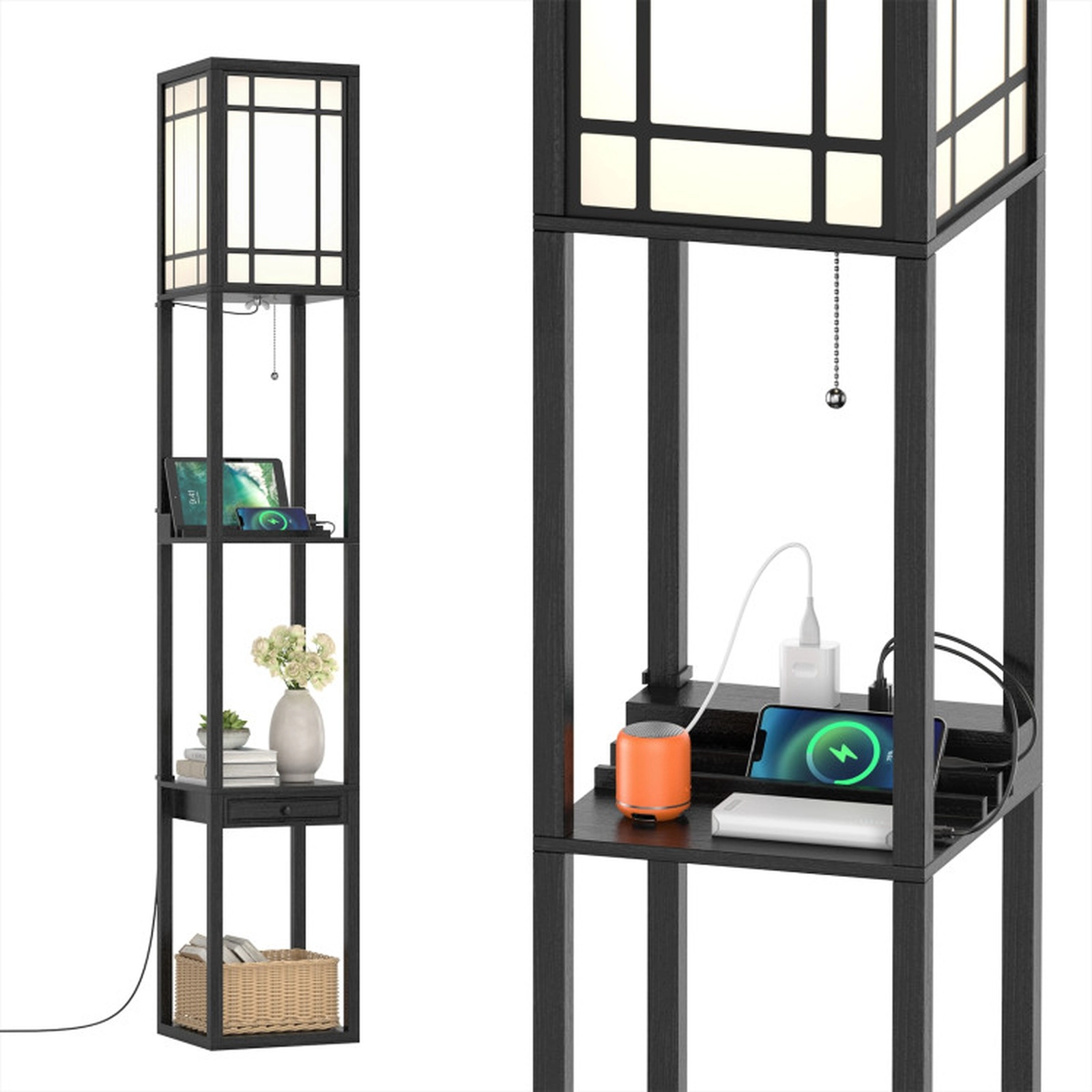 SUGIFT 3-Shelf Drawer USB Ports AC Outlet Modern Floor Lamp 10-in x 10-in x 63-in 60W Max E26 Pull Chain Black