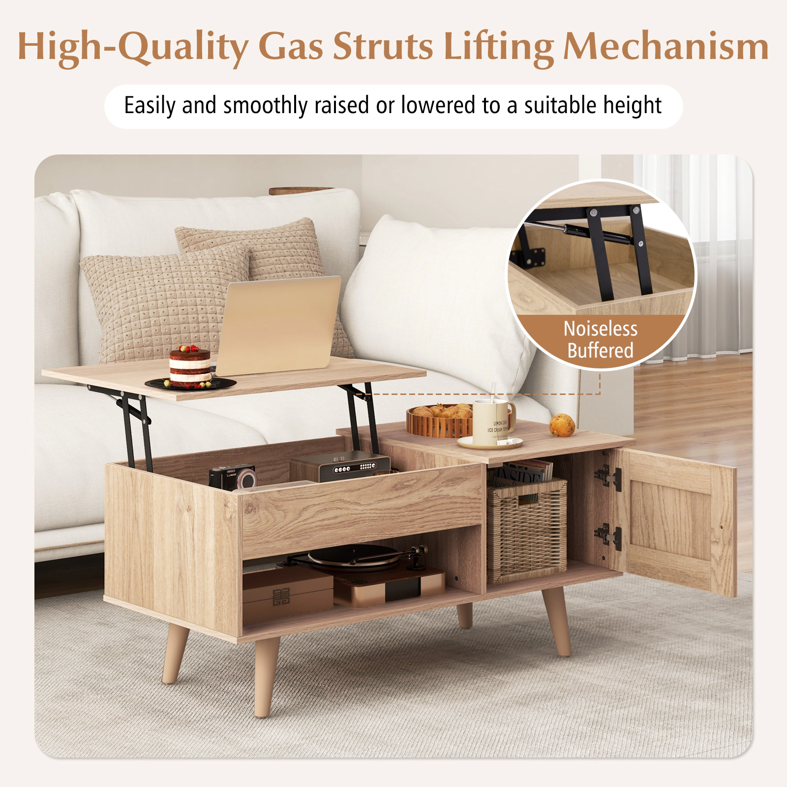 Glintex 39.5-Inch Lift-Top Coffee Table with Cabinet and Hidden Compartment, Natural