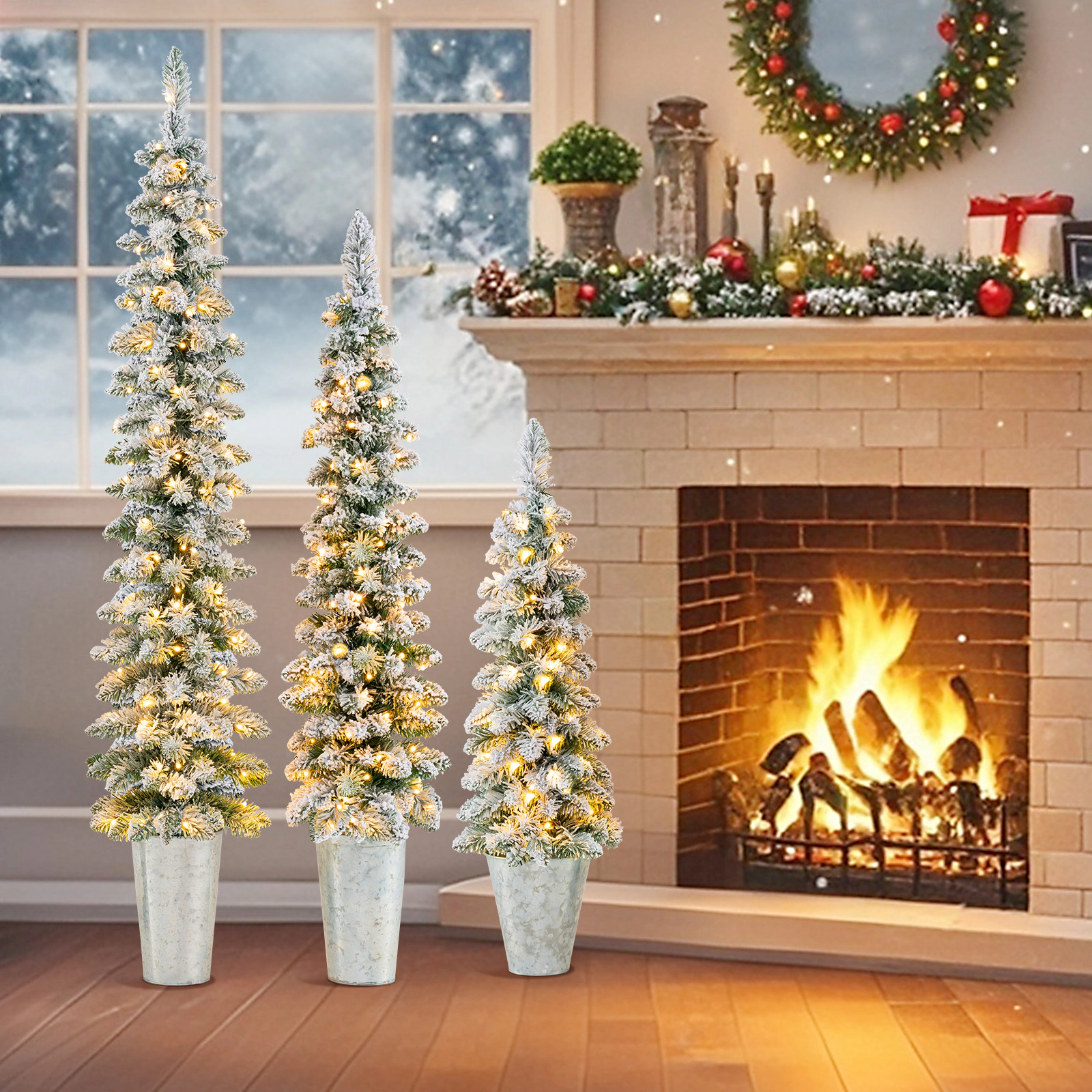 LJG Set of 3 Pre-Lit Snow Flocked Artificial Christmas Trees Witrh 423 Branch Tips