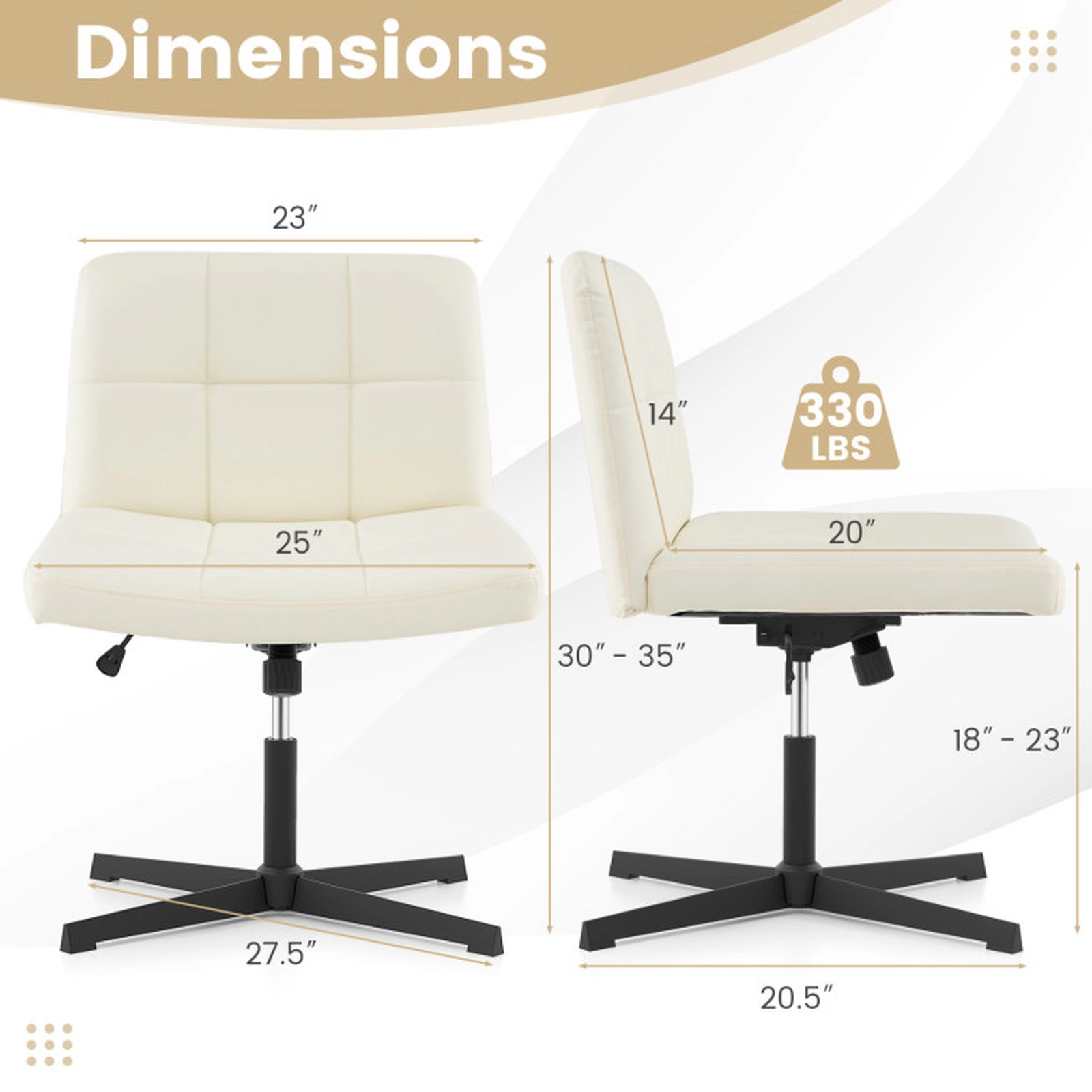 SUGIFT 25-in Wide U-Shaped Seat PU Leather Upholstered Cross Legged Office Chair 27.5-in x 27.5-in 330-lb Beige