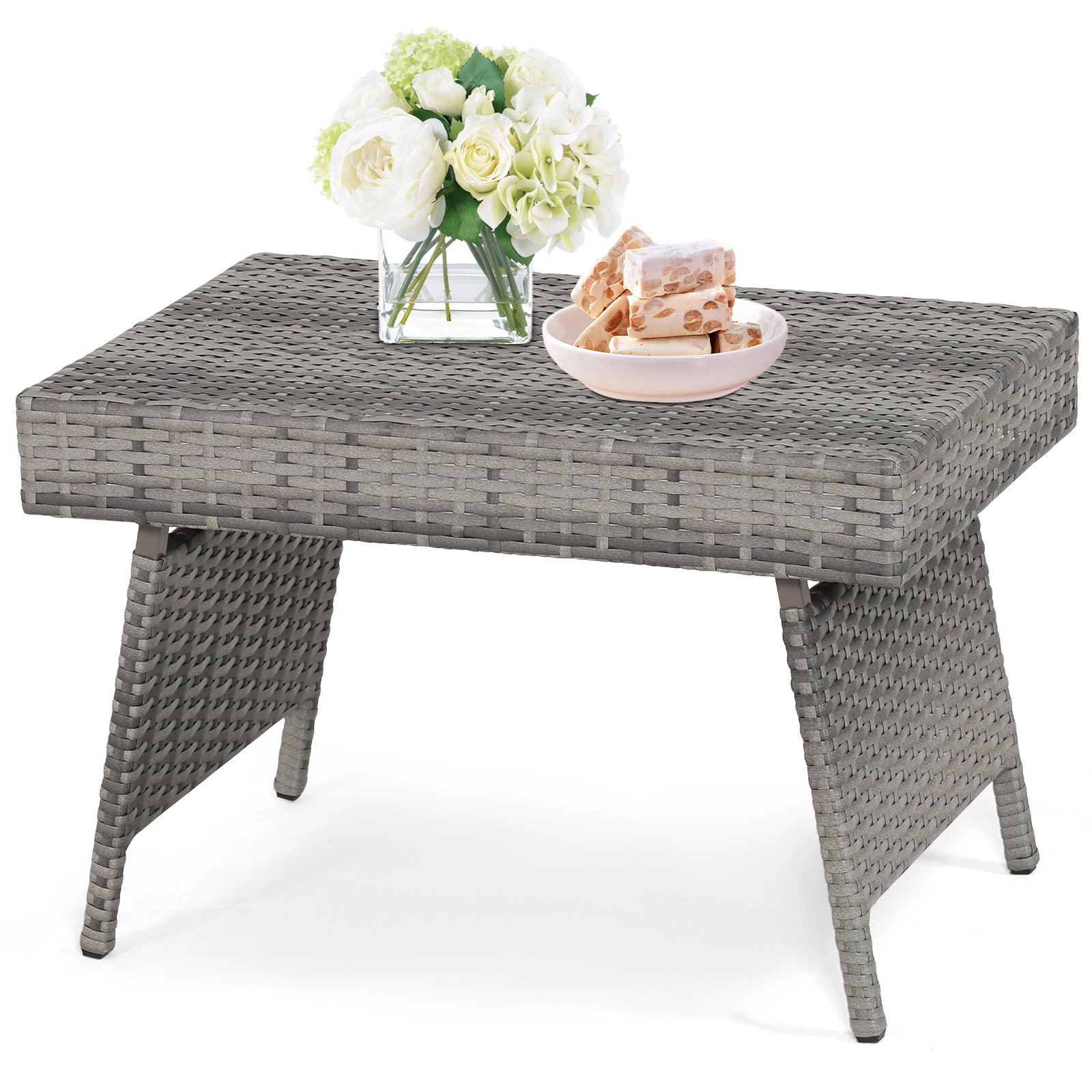 SUGIFT Gray Folding PE Rattan Outdoor Side Table, 23.5 in